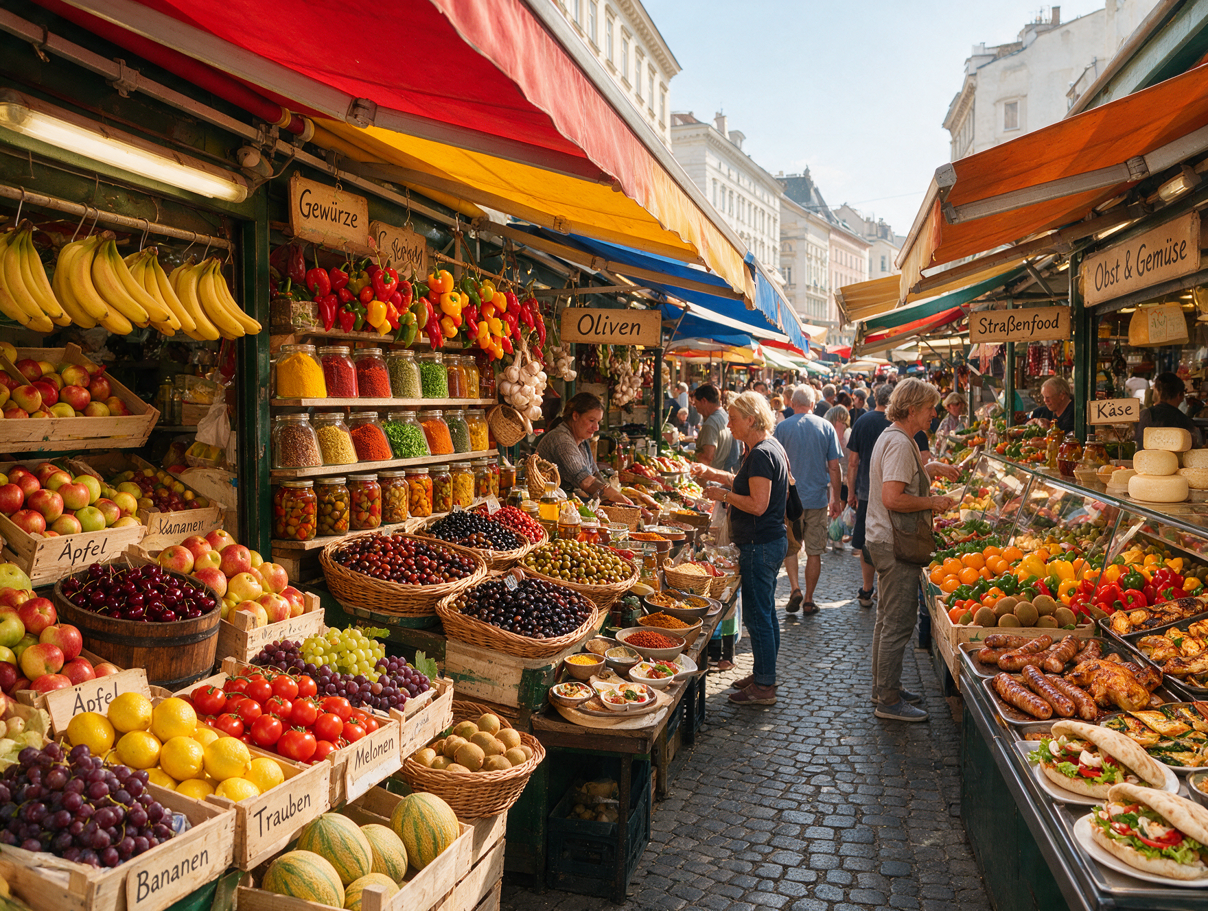 Colorful food stalls at Naschmarkt in Vienna with fresh produce and prepared street food