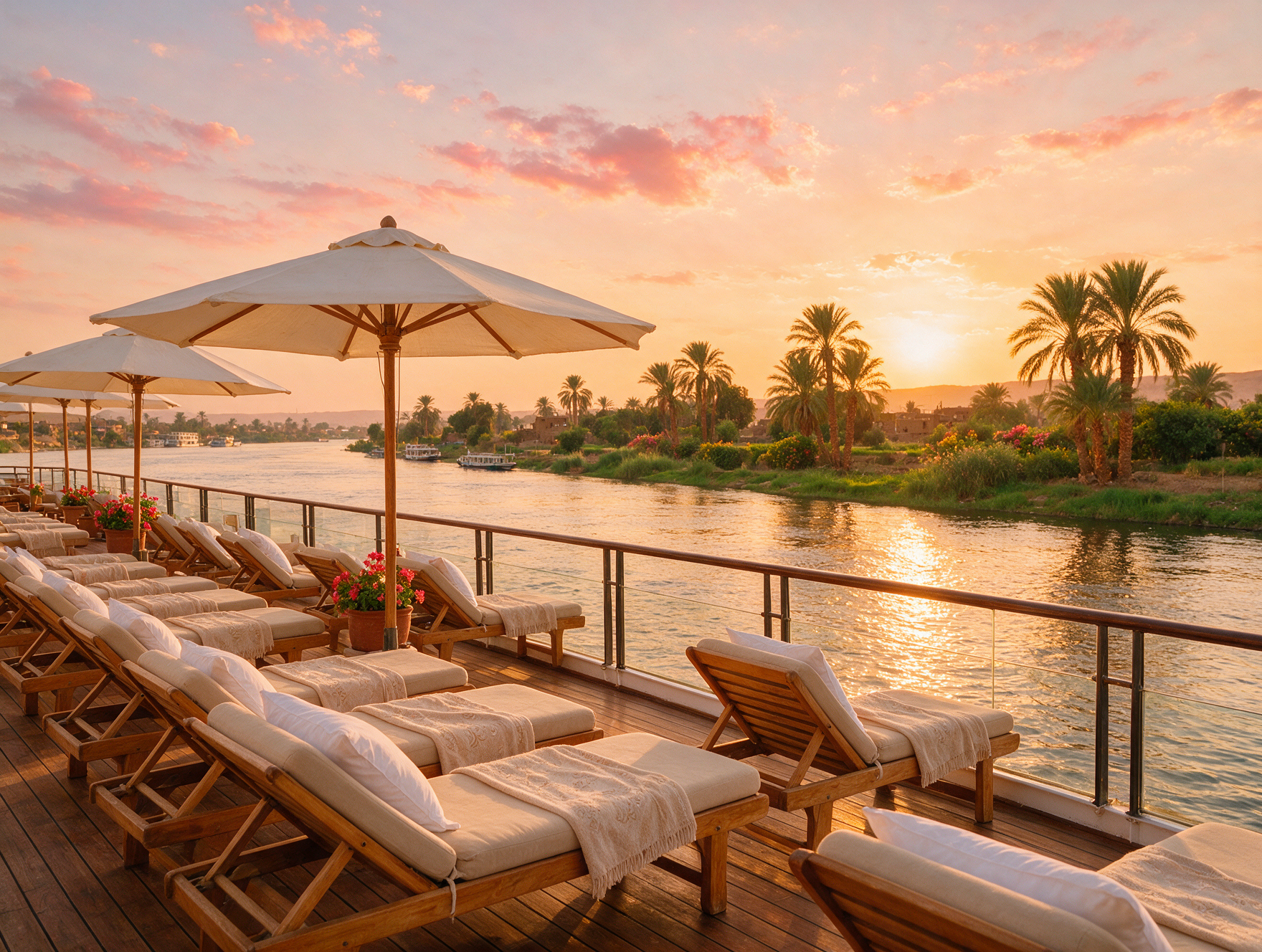 Nile cruise ship deck at sunset between Luxor and Aswan Egypt