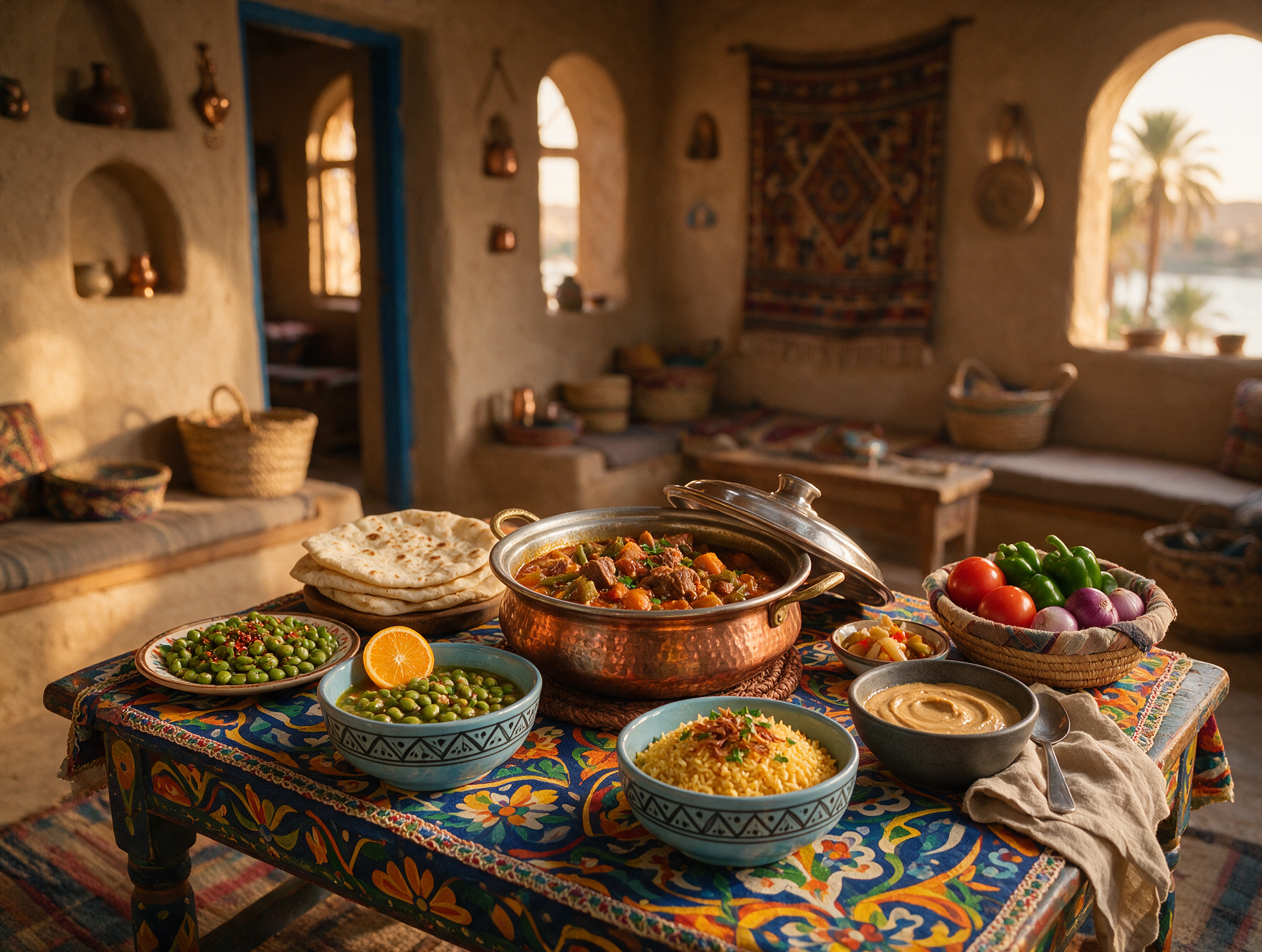Nubian village home cooked meal with traditional dishes near Aswan Egypt