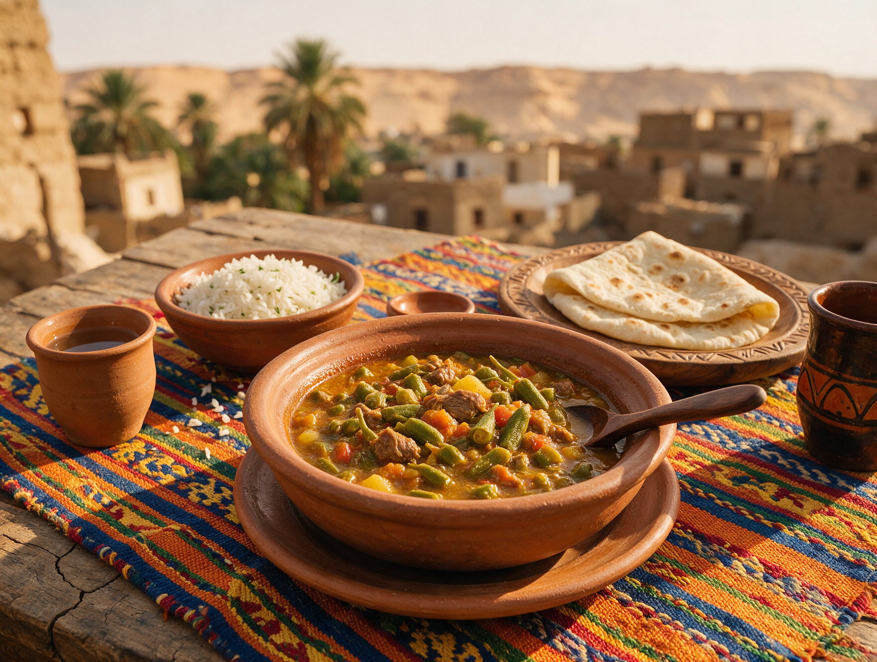 Nubian vegetable stew with okra and lentils served in traditional pottery in Aswan