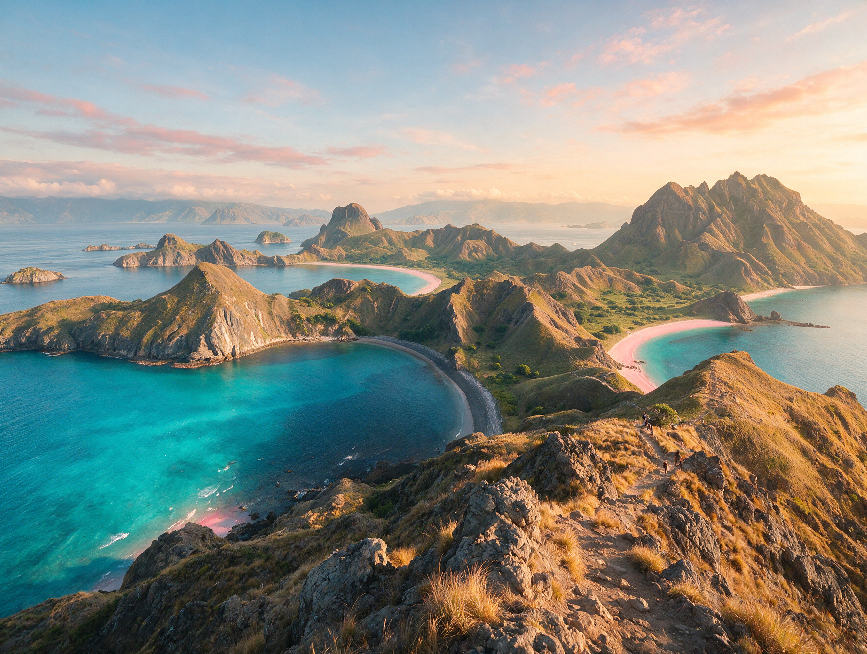 Panoramic view of three colored bays from the summit of Padar Island, Komodo National Park
