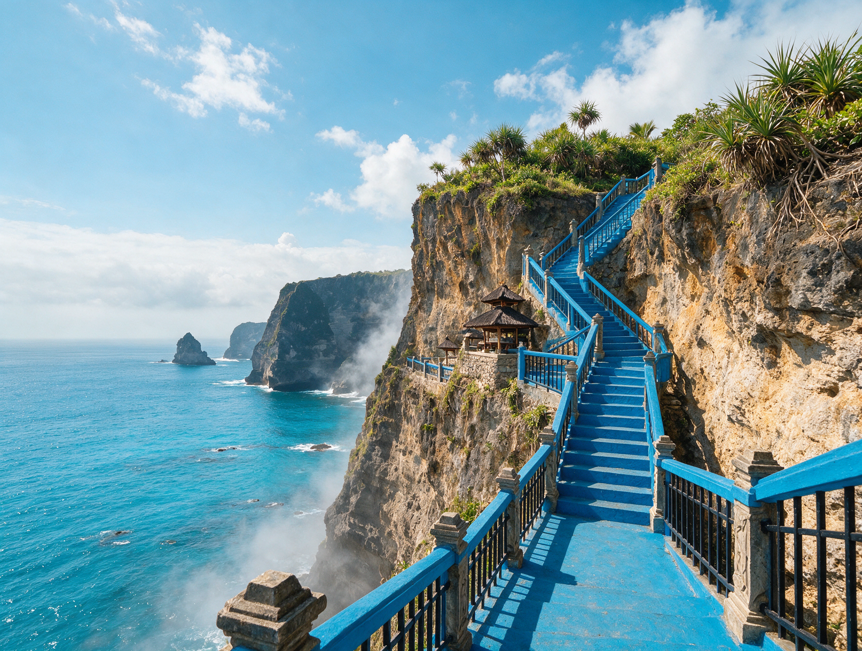Bright blue staircase descending the cliff face to Peguyangan Waterfall, Nusa Penida