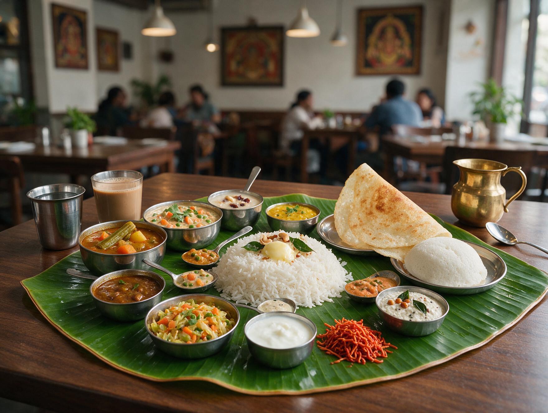 South Indian vegetarian thali platter served at an Indian restaurant