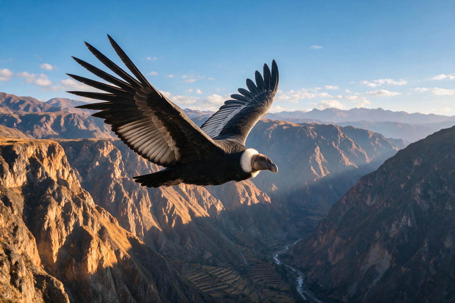 Andean condor with wings spread gliding over the cliffs of Colca Canyon, Peru