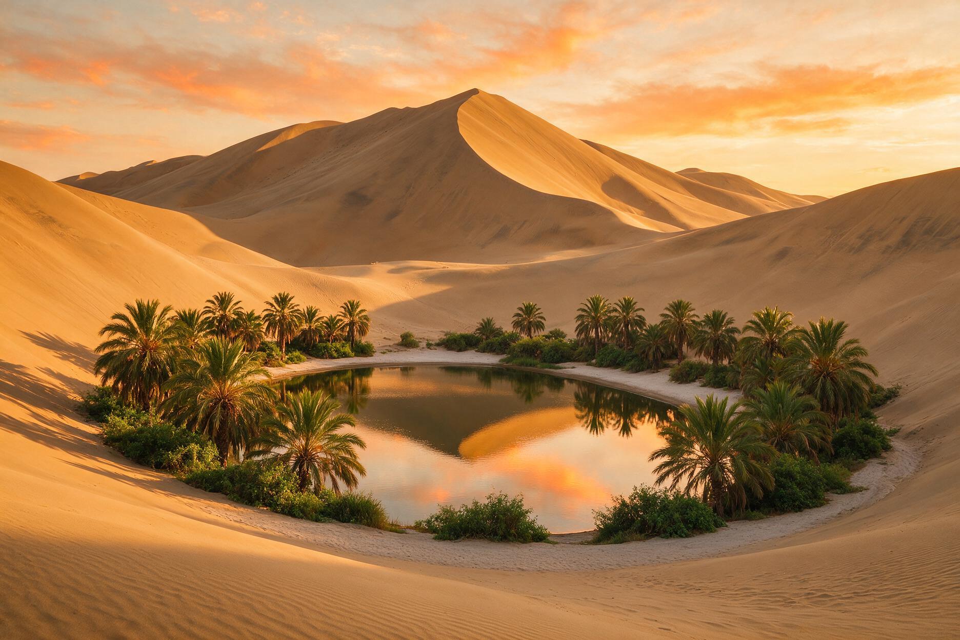 Huacachina desert oasis in Peru, a palm-fringed lagoon surrounded by enormous golden sand dunes at sunset