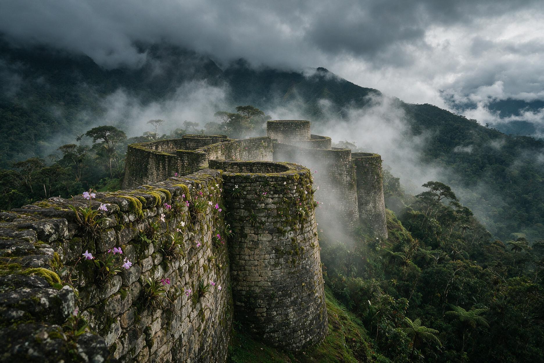 Massive stone fortress walls of Kuelap wrapped in cloud forest mist near Chachapoyas, Peru
