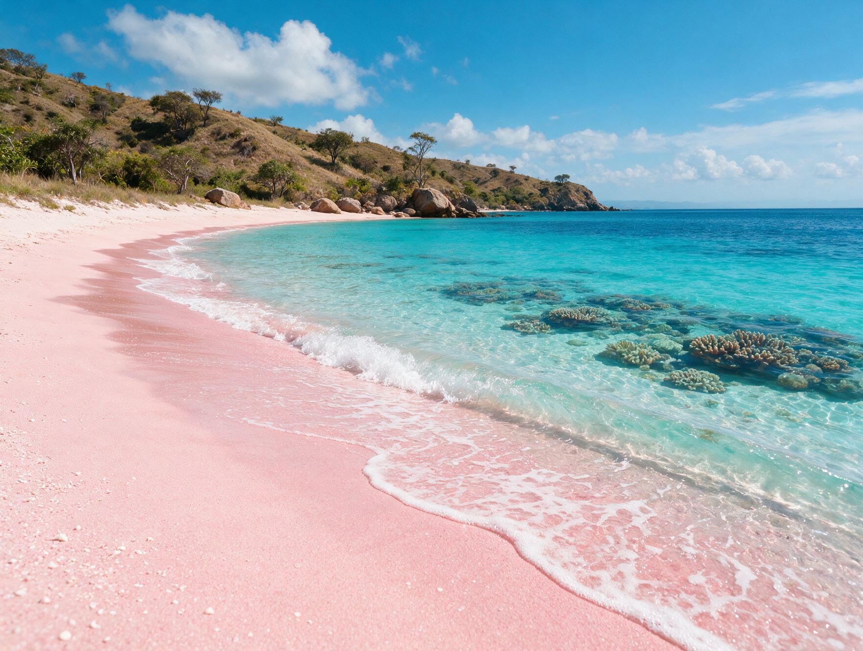 Pink-tinted sand and clear shallow water at Pink Beach, Komodo National Park