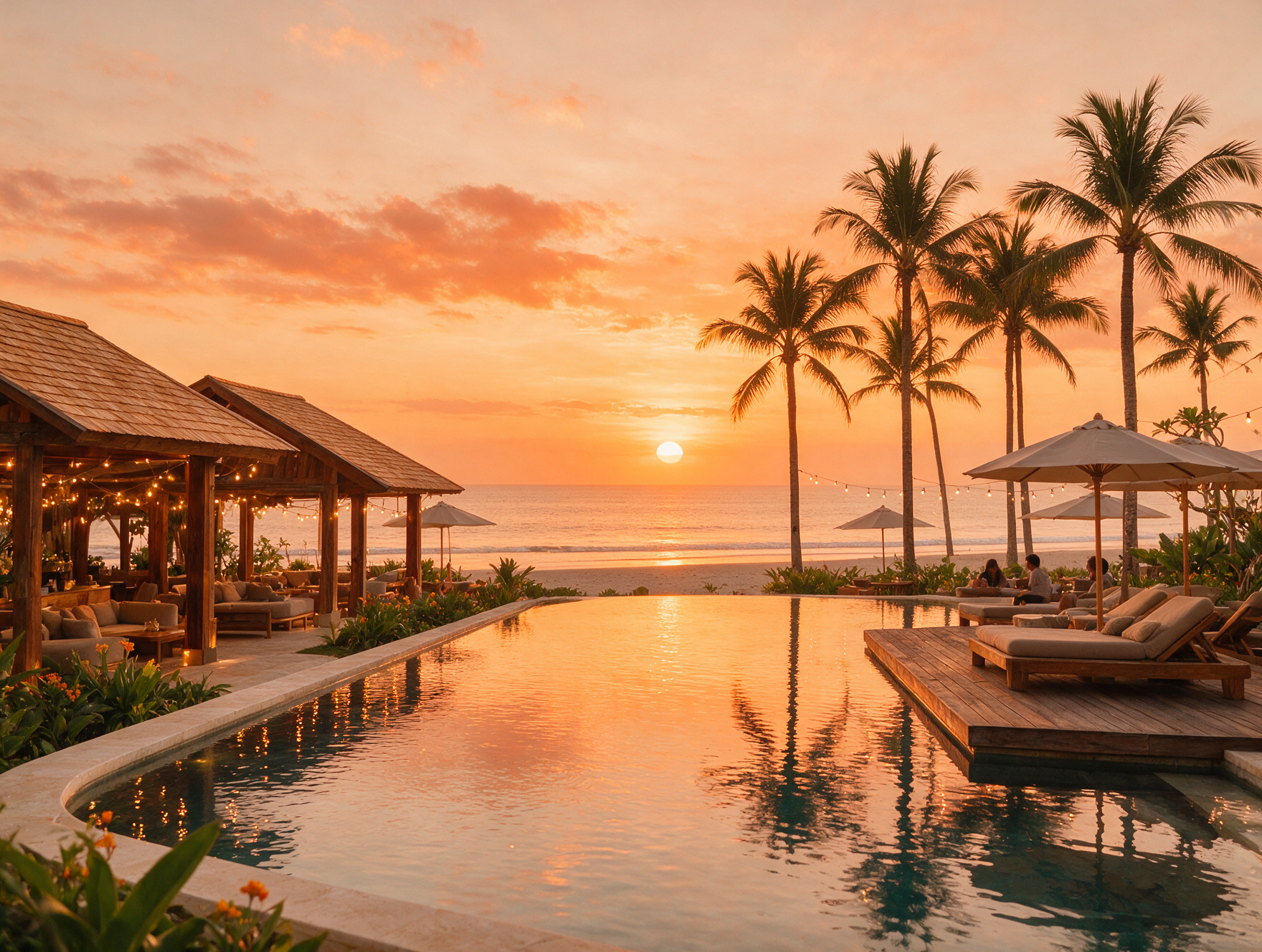 Sunset over an infinity pool deck at a Seminyak beach club in Bali