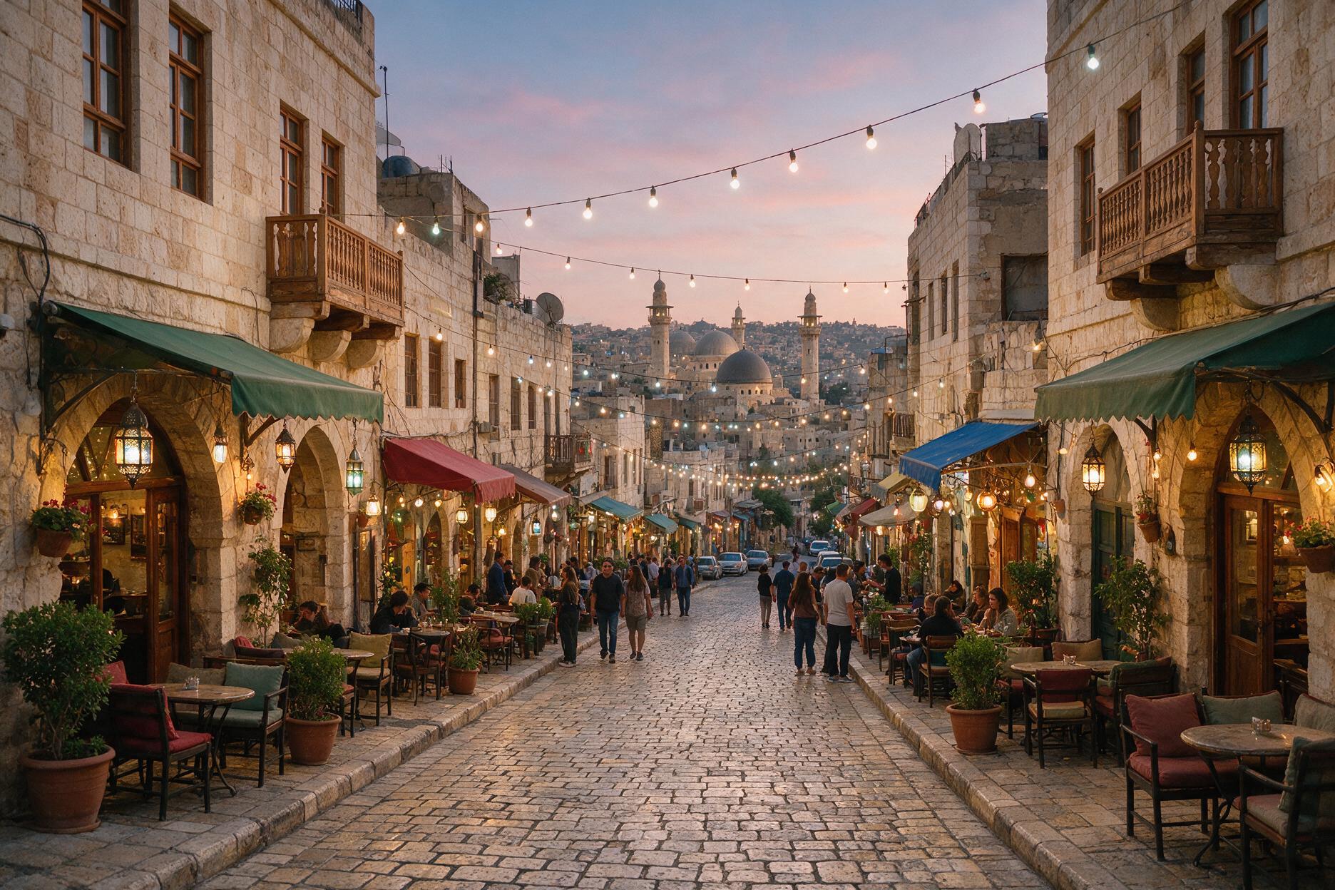 Rainbow Street in Amman, Jordan lit up in the early evening