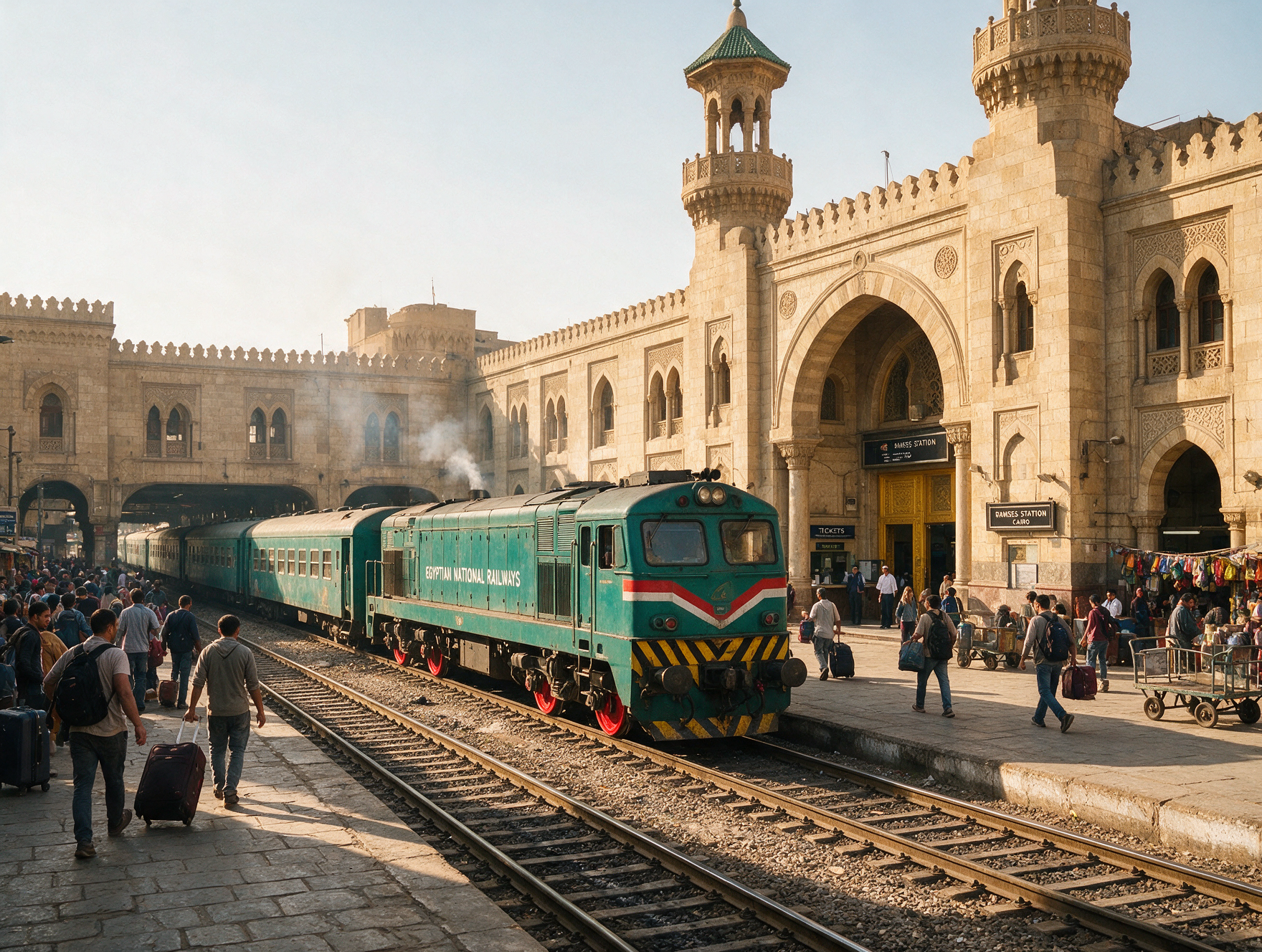 Train at Ramses Station Cairo Egypt platform with passengers