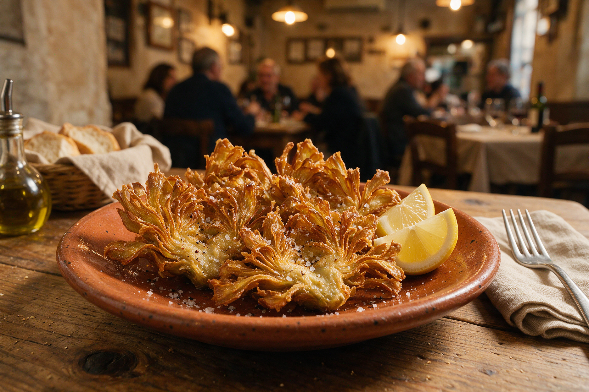 Crispy fried carciofi alla giudia, Roman Jewish-style artichokes, served at a trattoria in Rome's Jewish Quarter