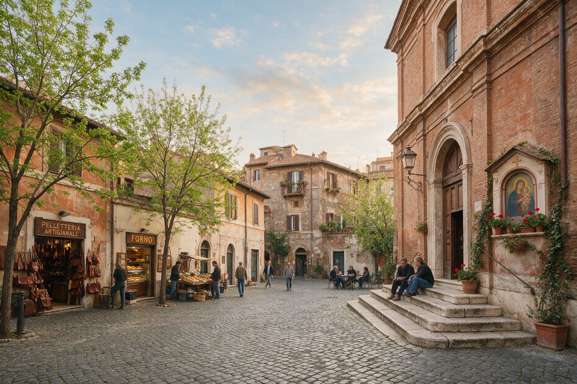A quiet piazza in Rome's Monti neighborhood in early morning light, with locals on the church steps