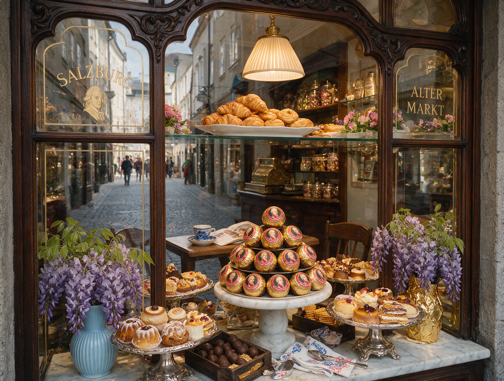 A Salzburg pastry shop window with Mozartkugel chocolates and Austrian pastries on display