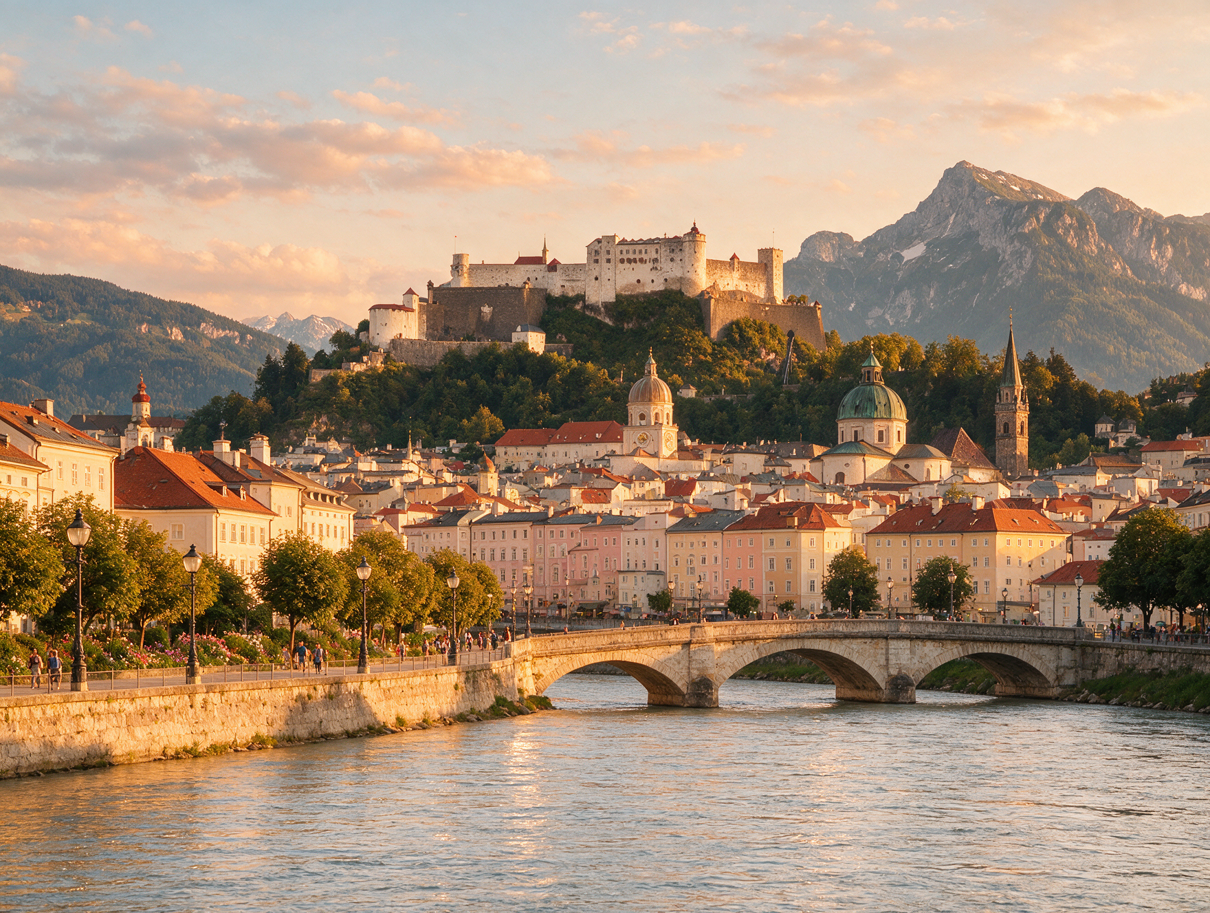 Salzburg's old town skyline with Hohensalzburg Fortress above the Salzach river at golden hour