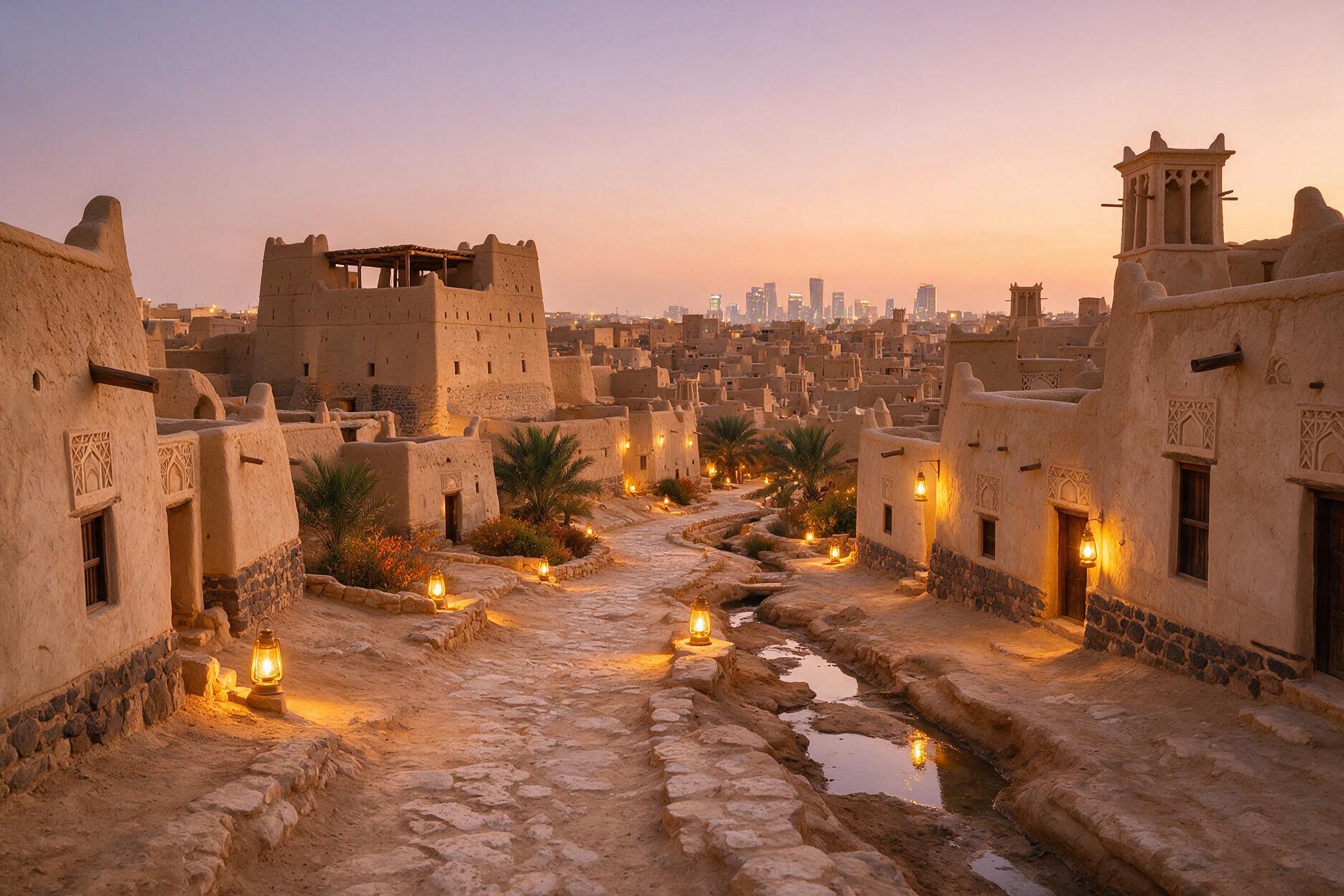 Historic Diriyah mud-brick old town near Riyadh, Saudi Arabia at dusk