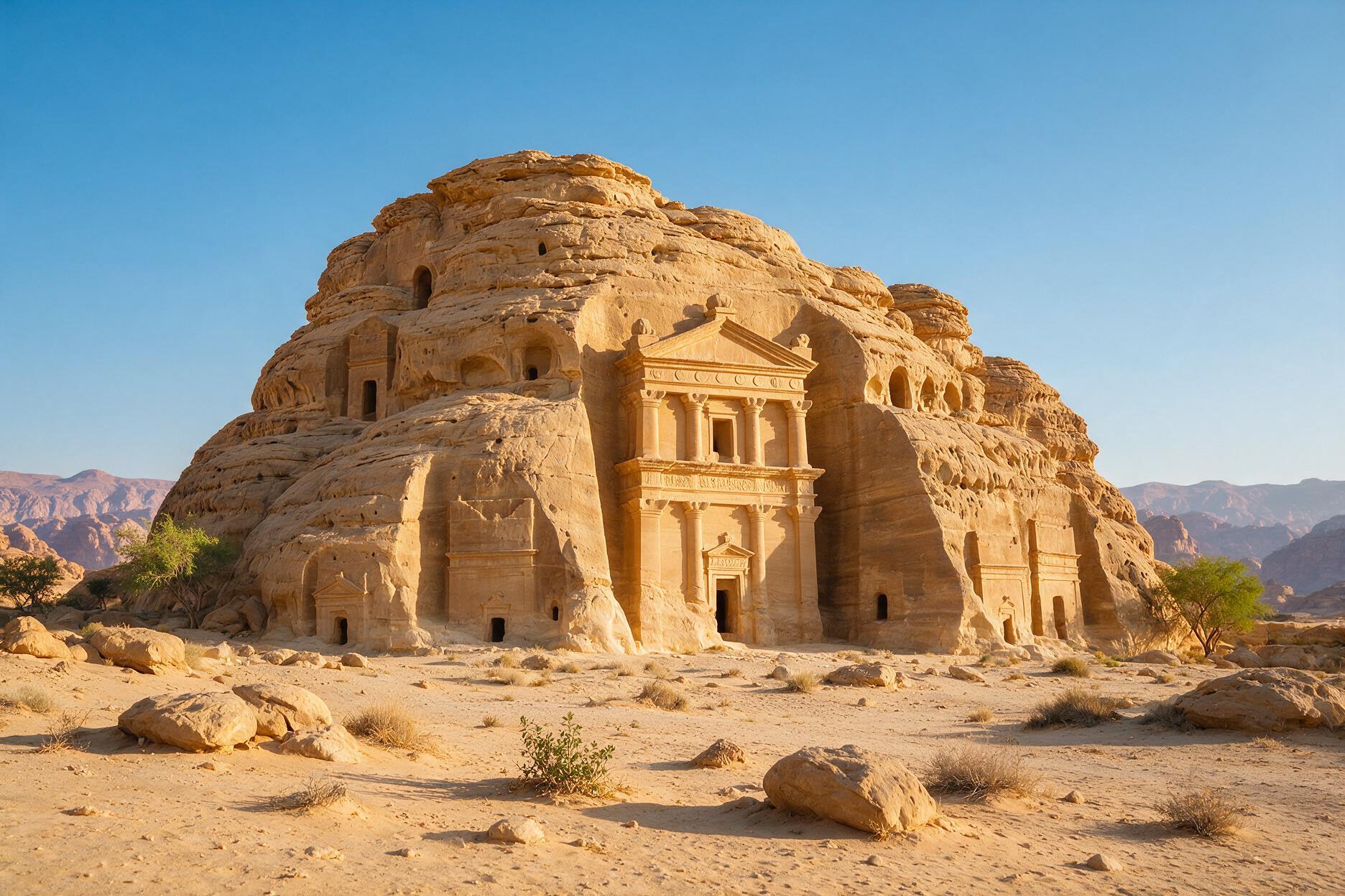 Hegra Nabataean tombs carved into sandstone cliffs in AlUla, Saudi Arabia