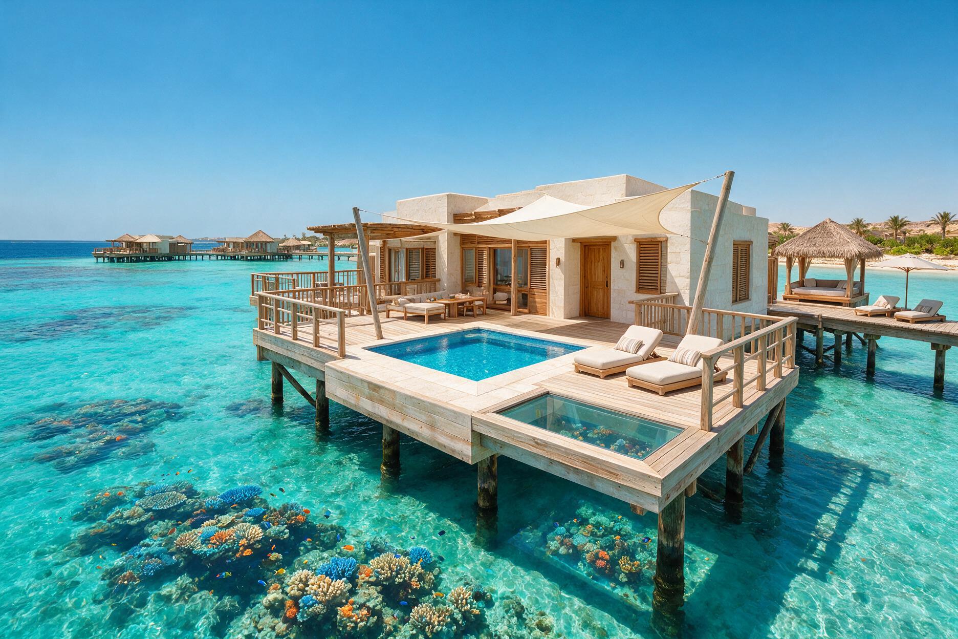 Luxury overwater villa resort on the Red Sea coast of Saudi Arabia