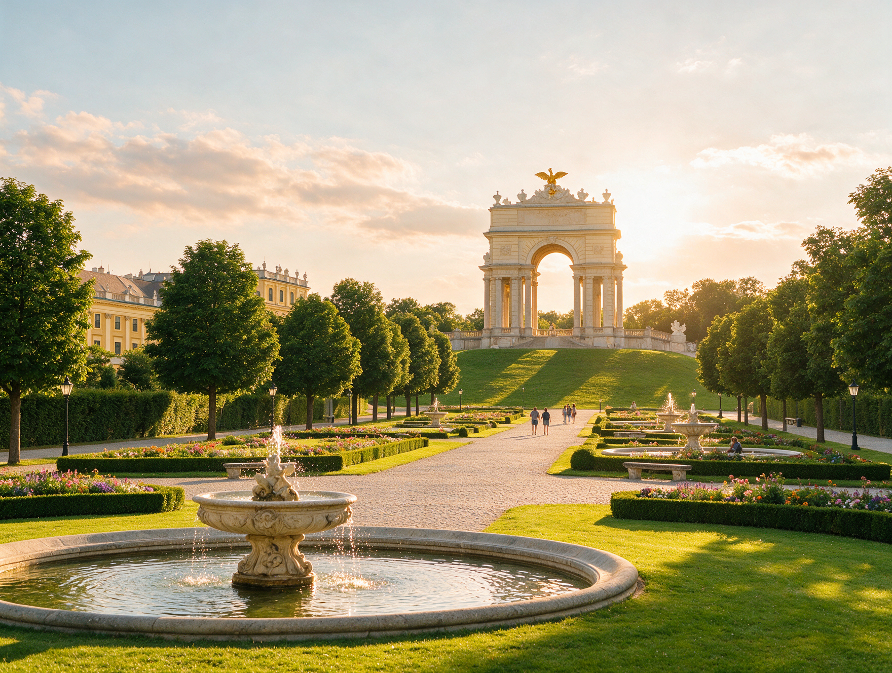The formal baroque gardens of Schönbrunn Palace in Vienna leading up to the Gloriette