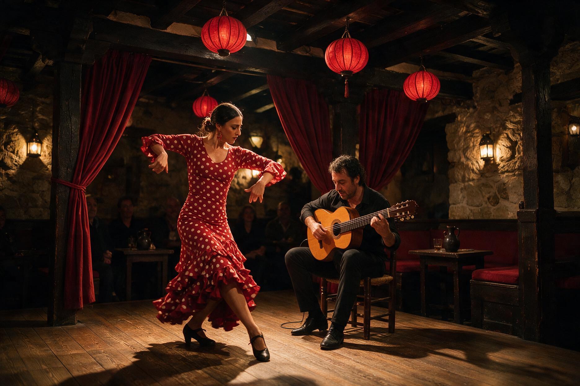 Flamenco dancer and guitarist performing in an intimate Seville tablao at night