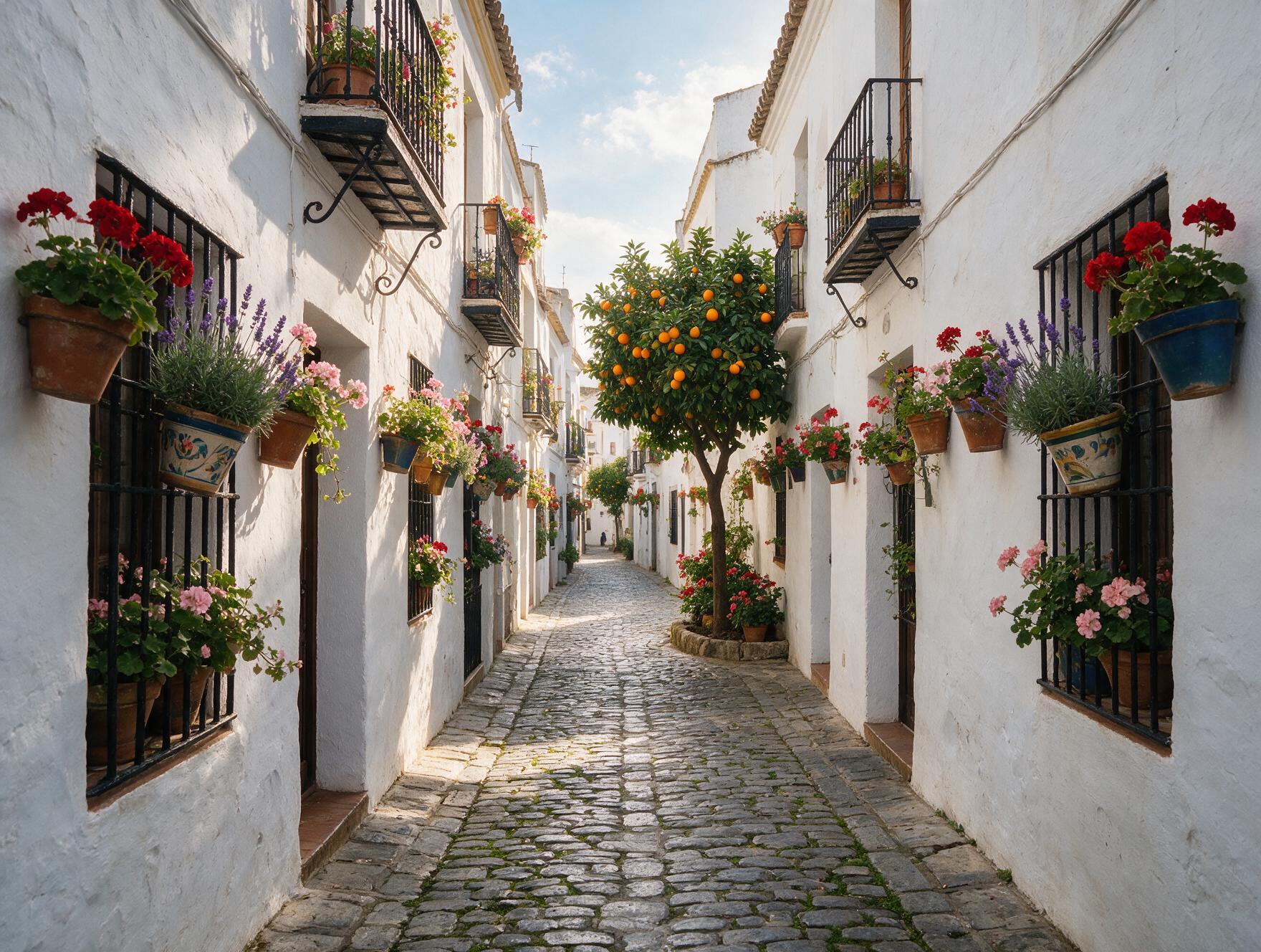Narrow whitewashed street in Barrio Santa Cruz, Seville's old Jewish quarter, with wrought iron balconies and potted flowers