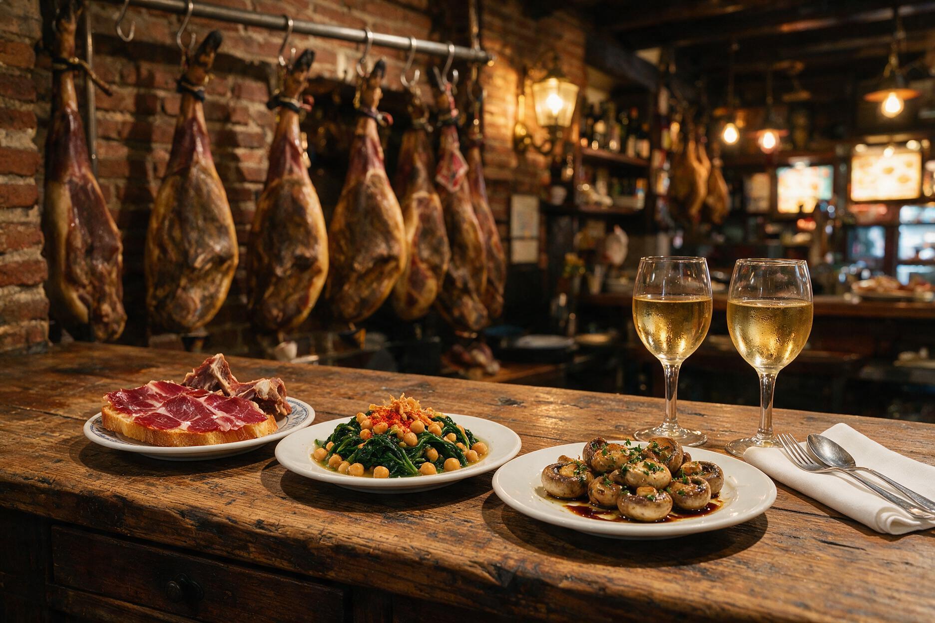 Seville tapas bar counter with jamón ibérico, espinacas con garbanzos and glasses of chilled sherry