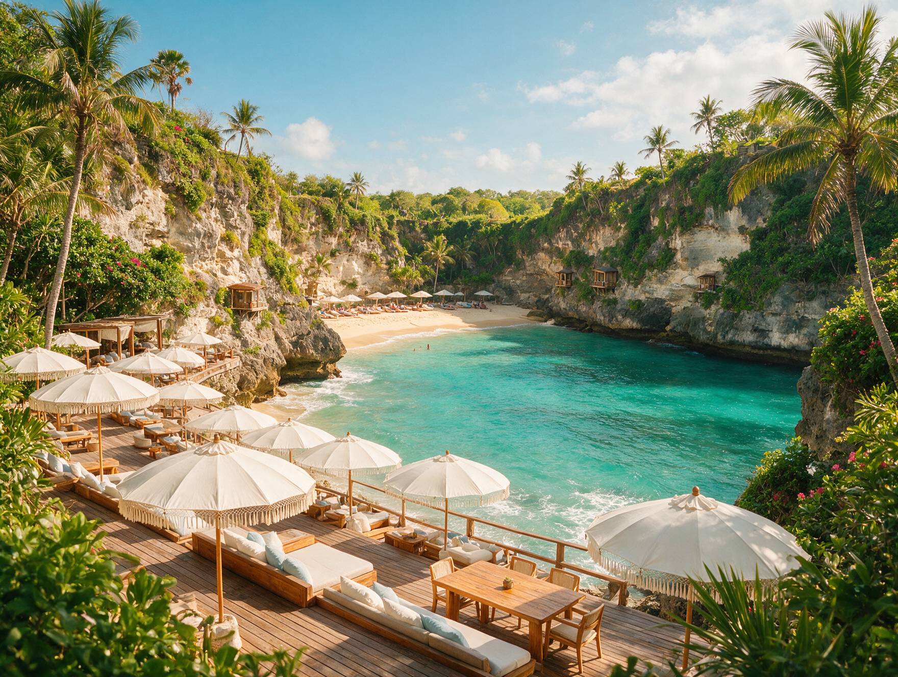 Turquoise cove and limestone cliffs at a beach club in Uluwatu, Bali