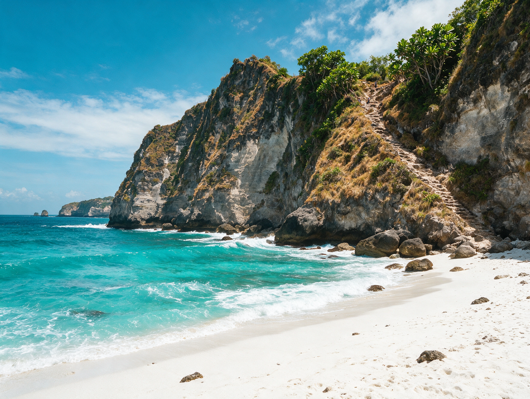 White sand cove backed by tall cliffs at Suwehan Beach, Nusa Penida