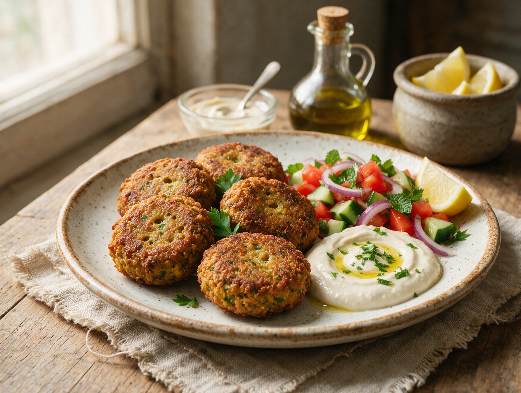 Plate of ta'ameya Egyptian fava bean falafel with tahini and fresh salad