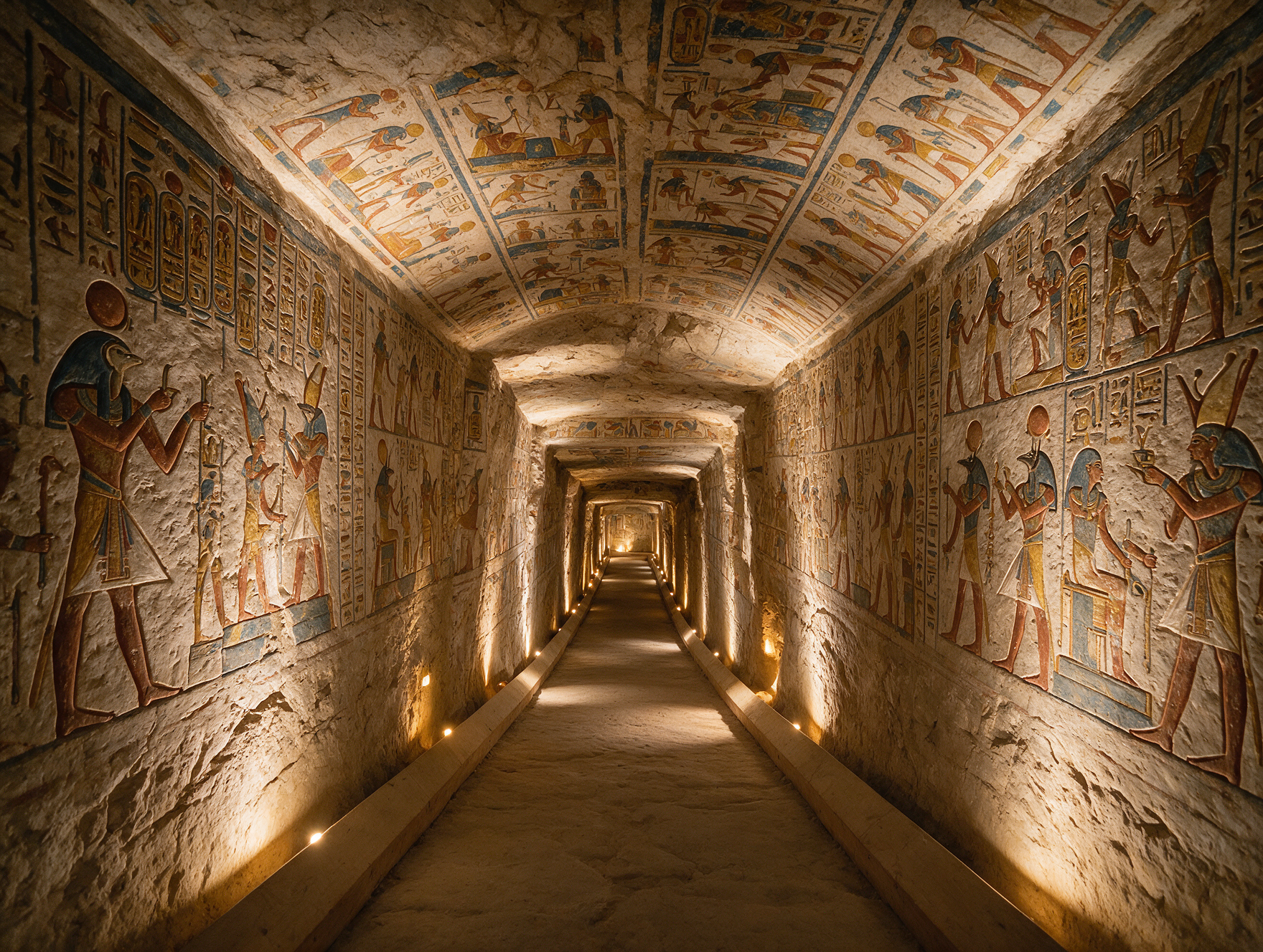 Deep painted corridor inside a Valley of the Kings tomb