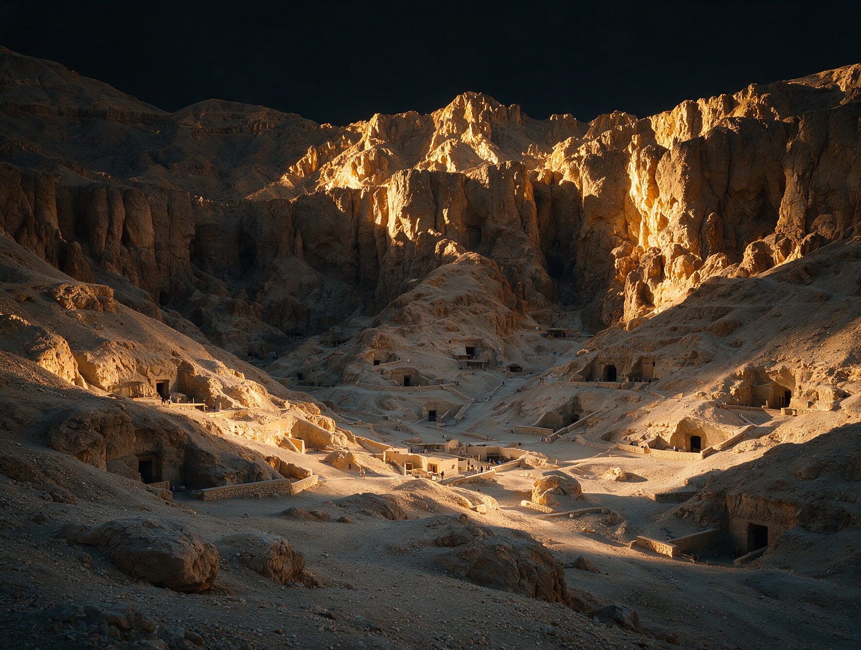 Wide view of the Valley of the Kings desert basin