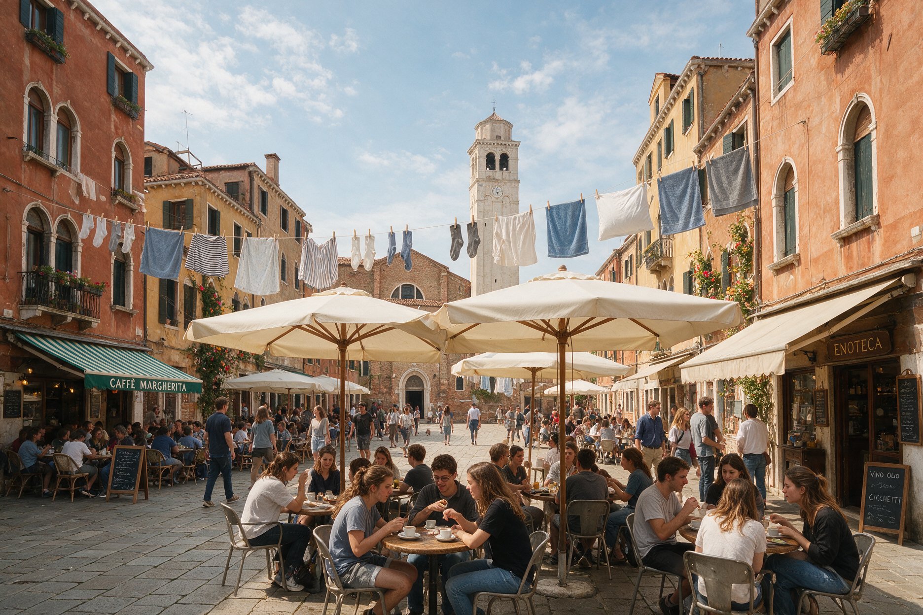 Campo Santa Margherita in Venice's Dorsoduro district, with locals and students at outdoor cafe tables