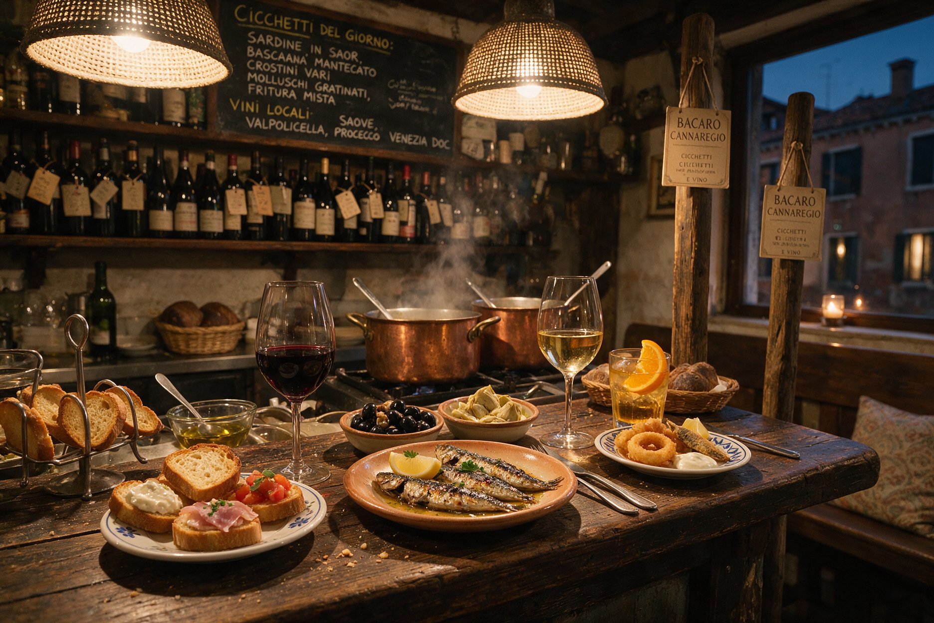 A spread of Venetian cicchetti small plates on a wooden bar counter at a bacaro in Cannaregio, Venice