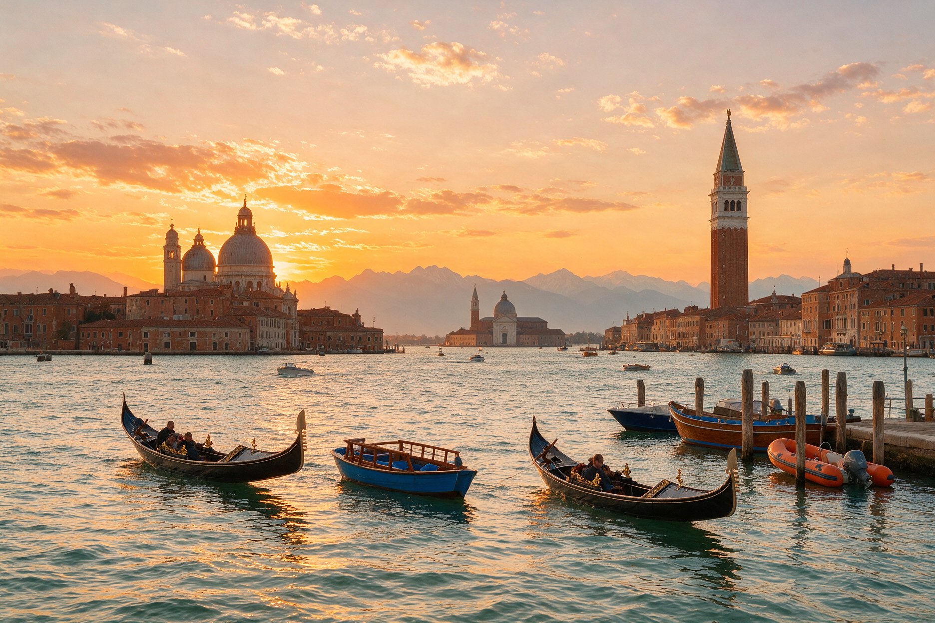 View of the Venice skyline from Giudecca island across the lagoon at sunset