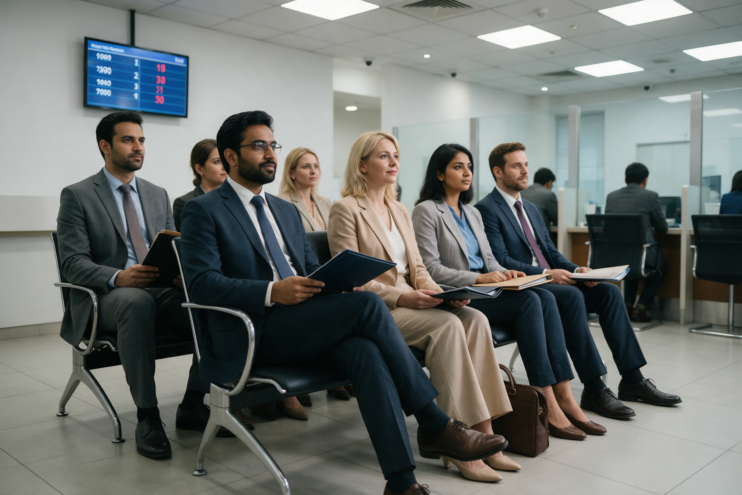 Applicants waiting inside a VFS Global visa application centre in India with document folders