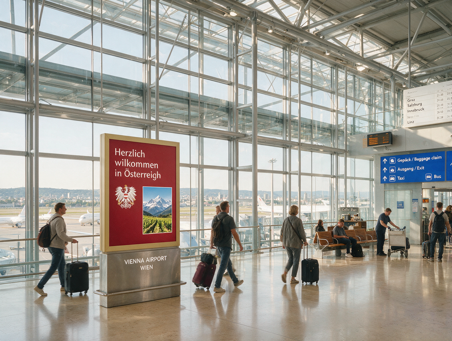 Arrivals hall at Vienna International Airport with travelers walking past an Austria welcome sign