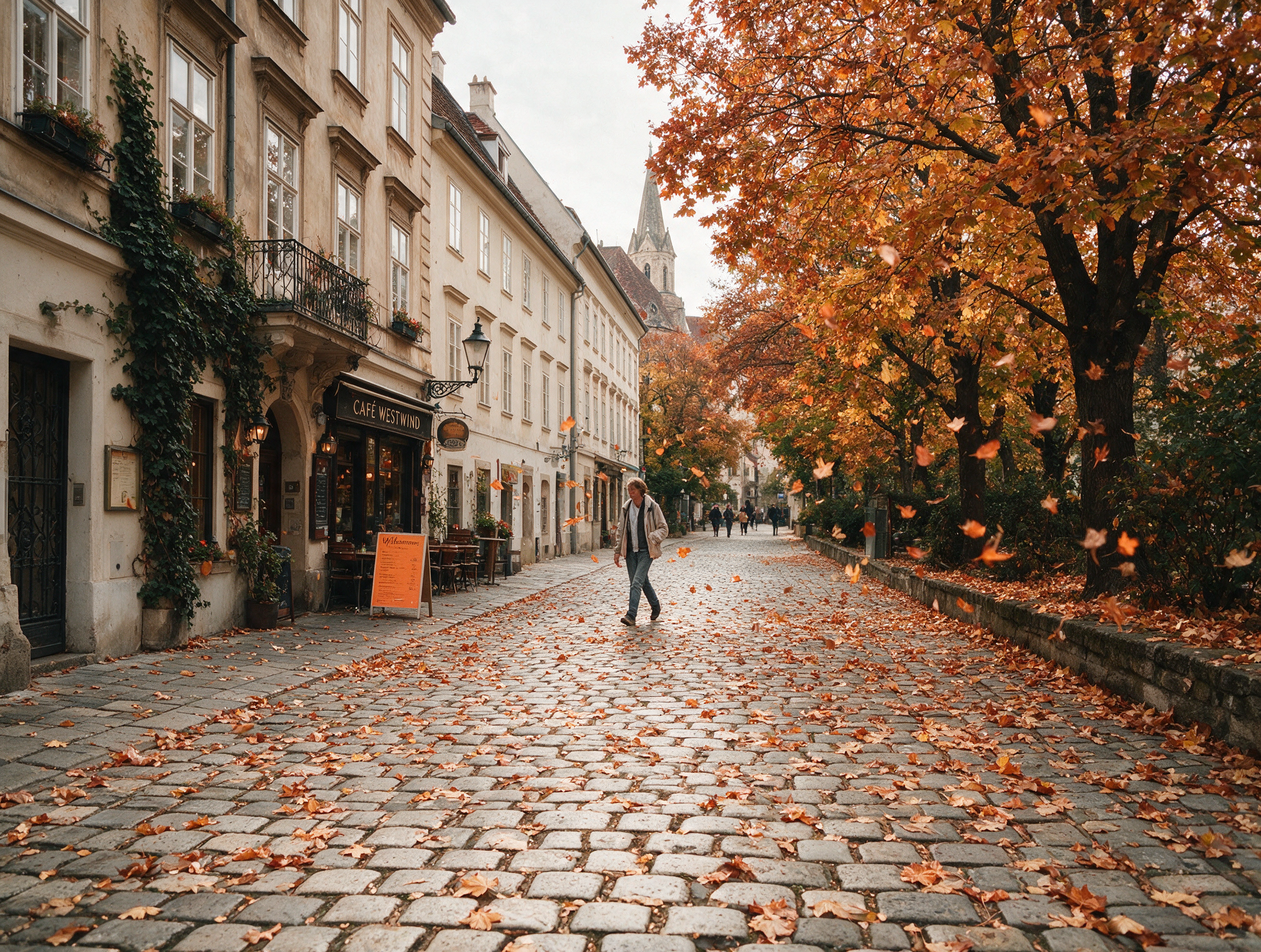 A traveler in a light layered jacket walking through a cobblestone Vienna street in autumn