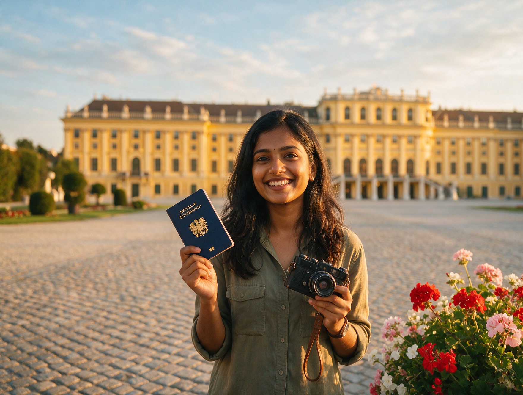 Indian traveler holding her passport on a Vienna square with Schönbrunn Palace in the background at golden hour