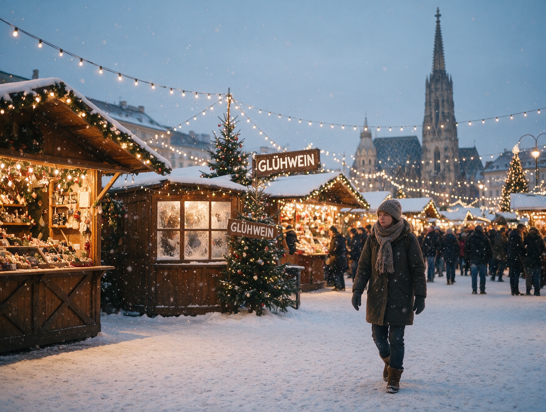 A traveler in a warm winter coat and scarf at a snowy Vienna Christmas market