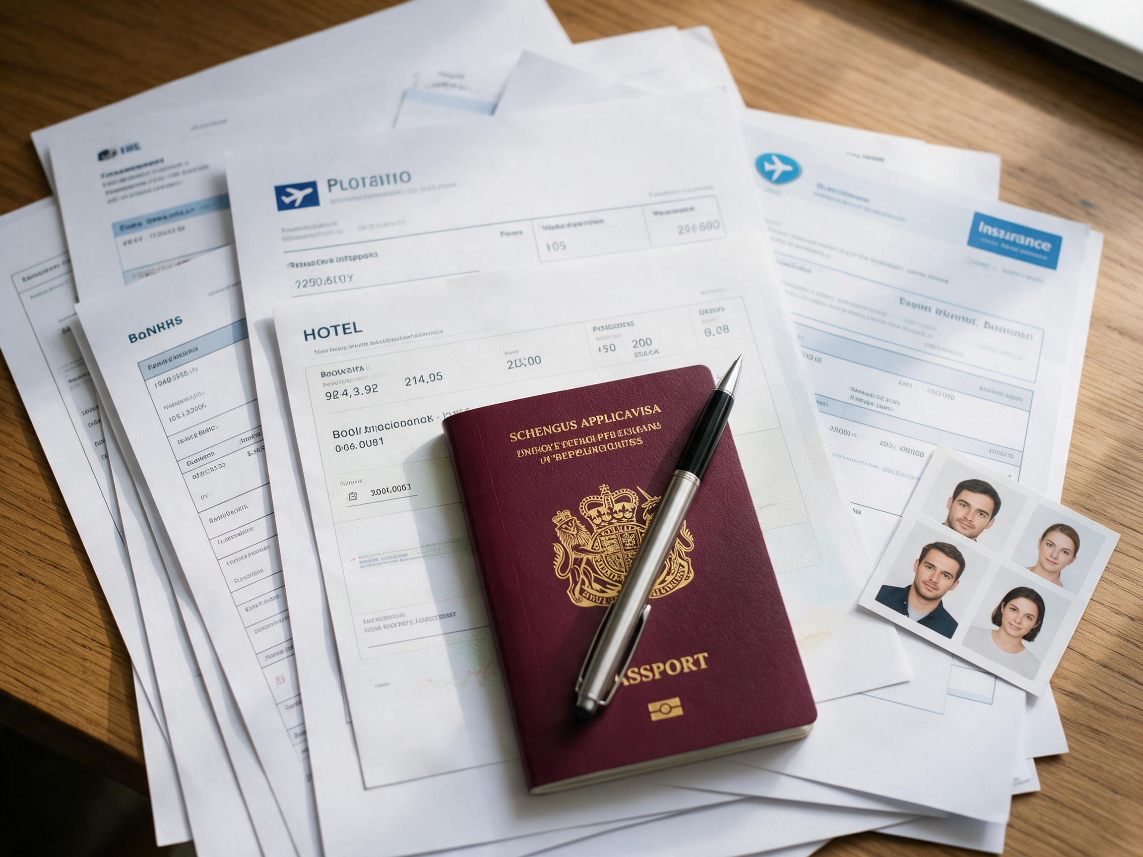 Flatlay of Schengen visa application documents including passport, flight itinerary, bank statements and travel insurance policy