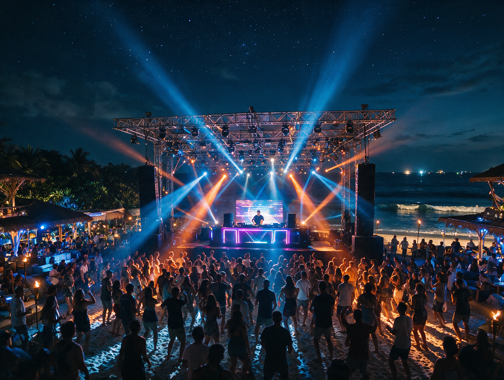 Nighttime crowd and lighting rig at an oceanfront beach club party in Bali