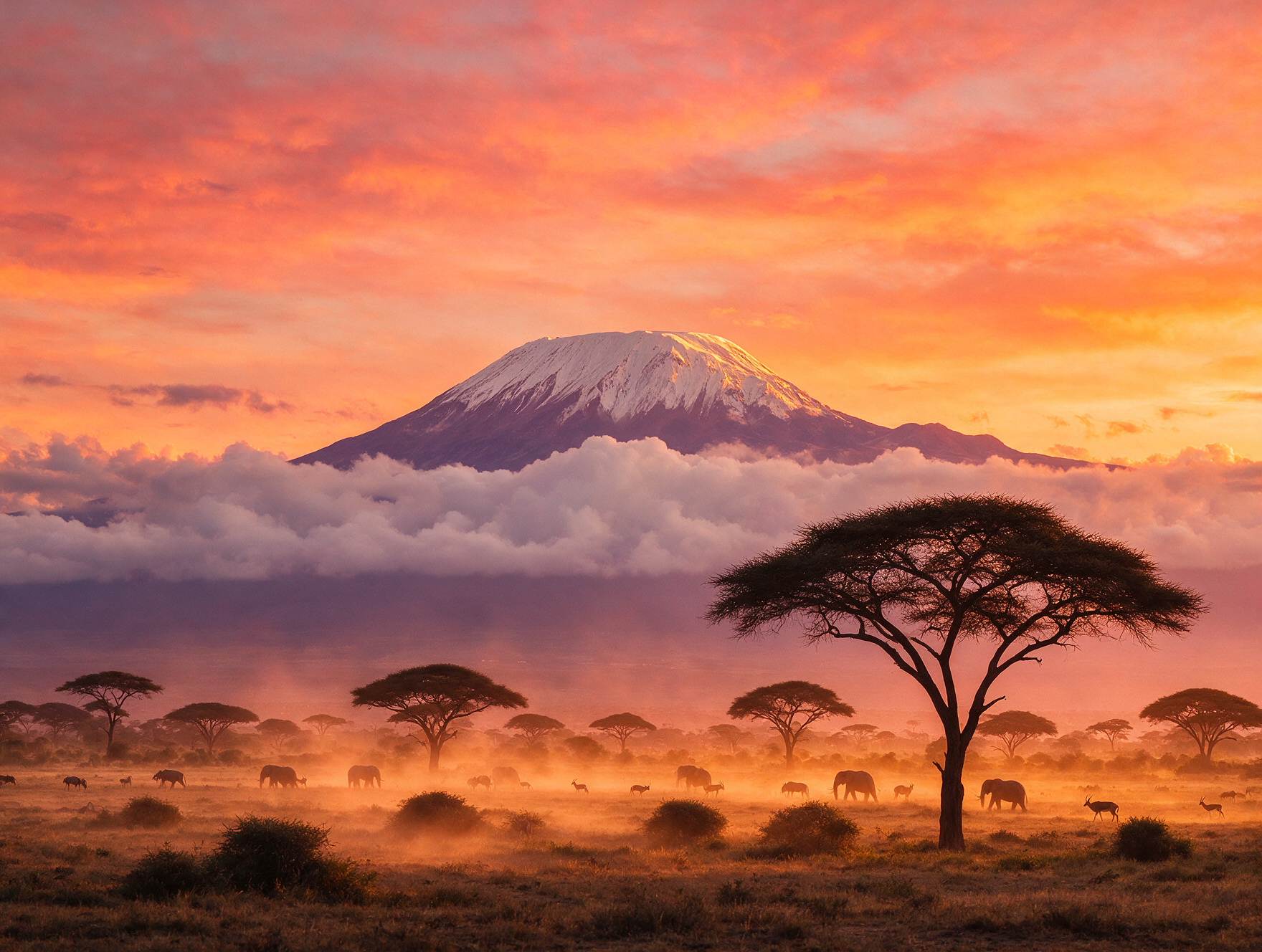 Kilimanjaro alpenglow sunset acacia tree silhouettes Amboseli Kenya