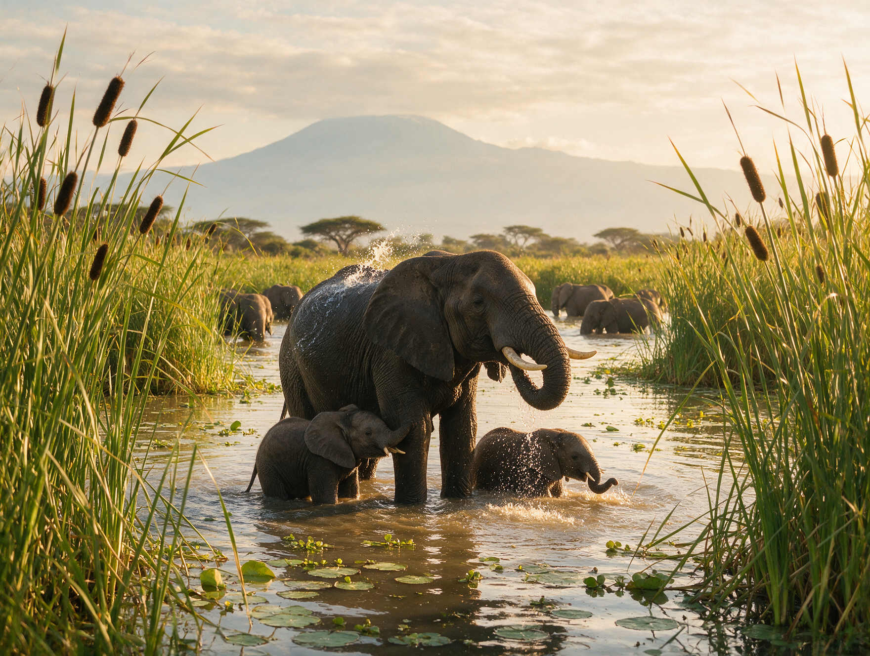 Elephant family Longinye Swamp Amboseli National Park Kenya afternoon light