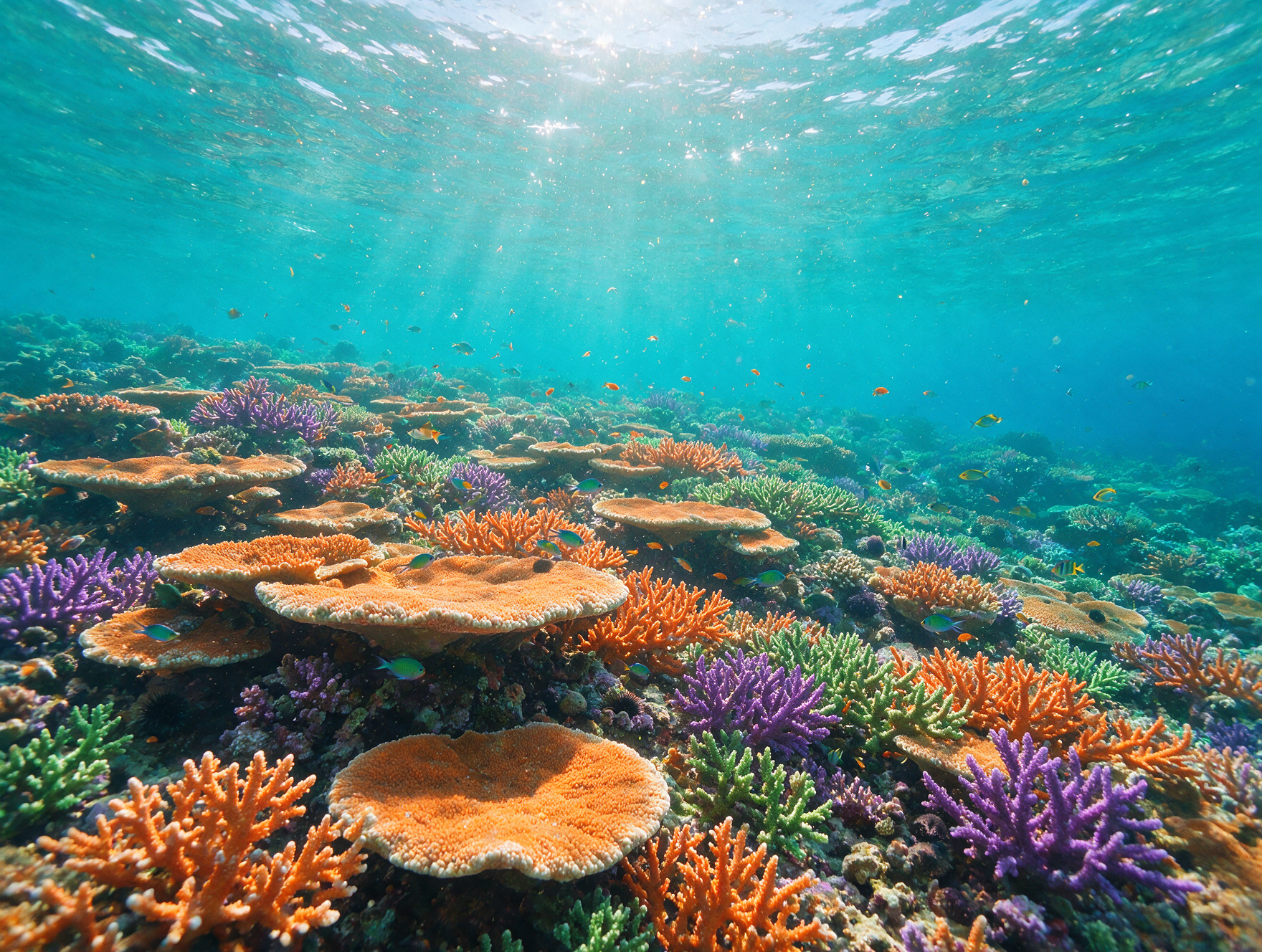 Shallow terraced coral reef with staghorn and table coral in clear turquoise water off Aqaba
