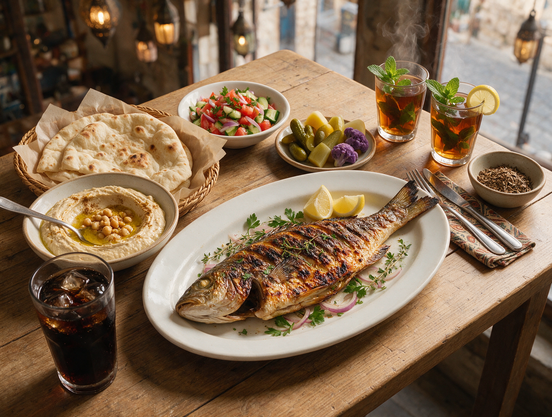 A grilled whole fish seafood spread with hummus, flatbread and salads on a restaurant table in Aqaba