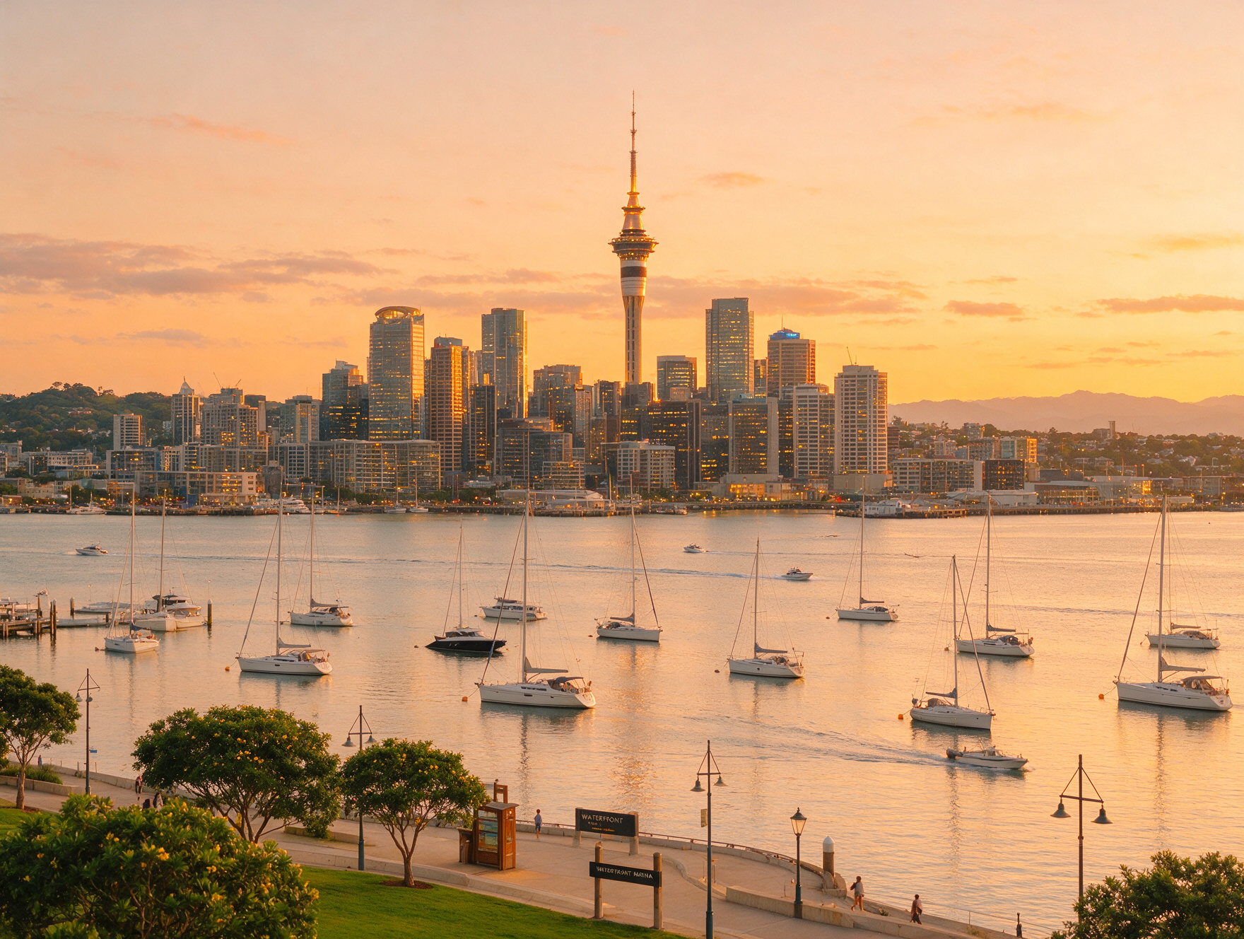 Auckland city skyline and harbour at golden hour, the first stop on most Indian travellers' New Zealand trip