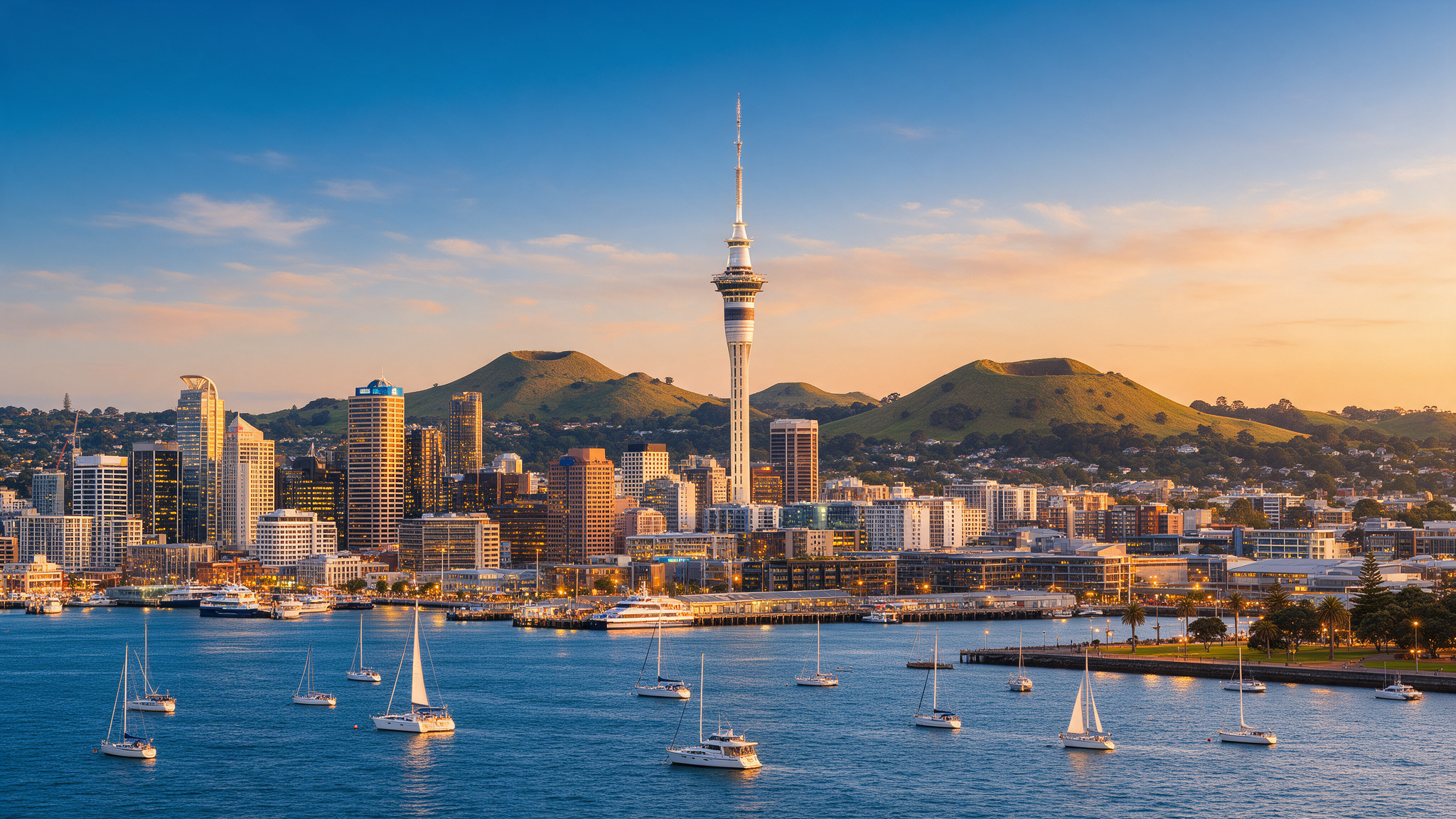 Auckland skyline and Sky Tower at golden hour with sailboats on Waitematā Harbour