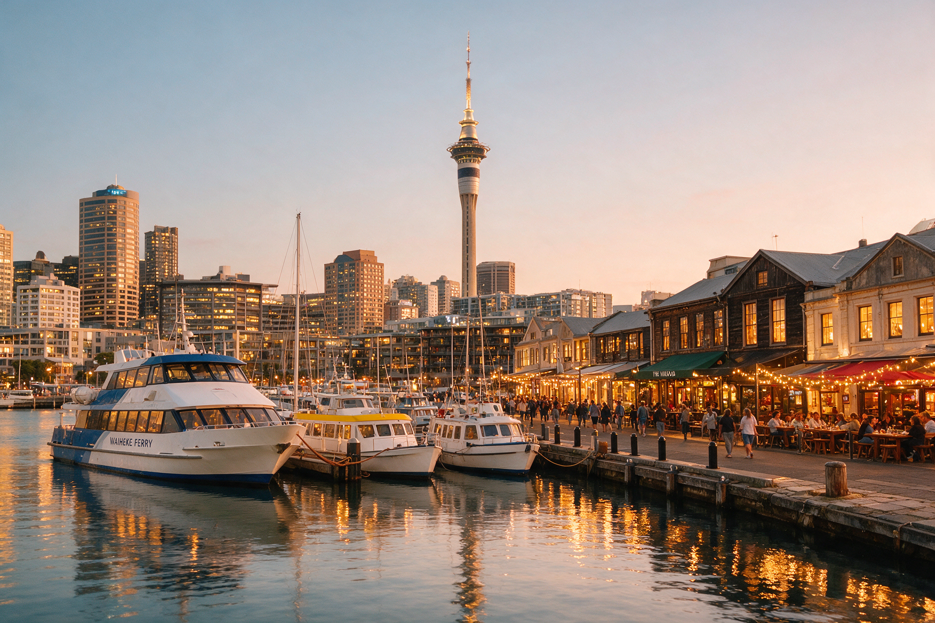 Viaduct Harbour waterfront in Auckland with ferries and outdoor dining in the evening