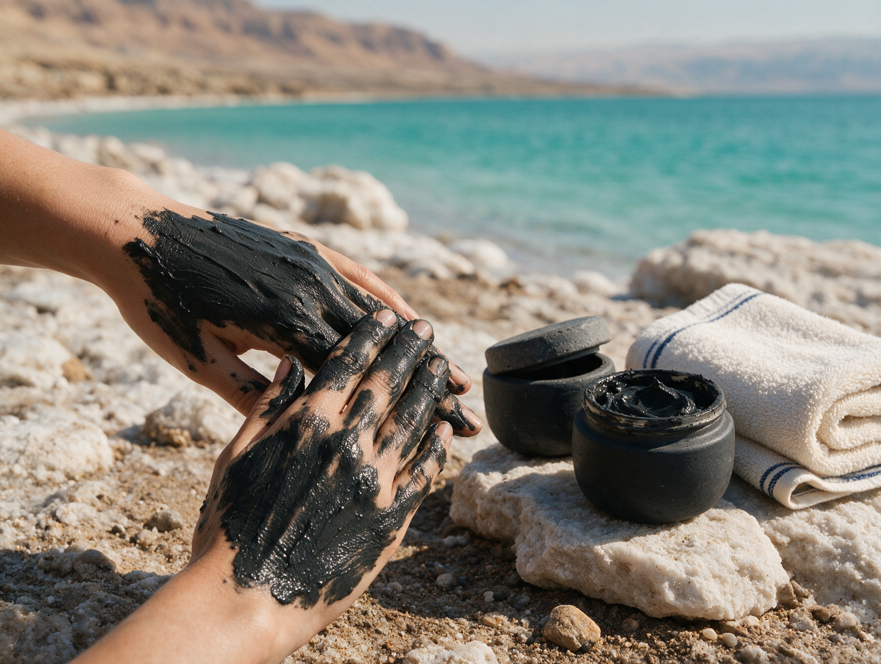 Hands applying dark mineral-rich Dead Sea mud at the shoreline with the sea and hills blurred in the background