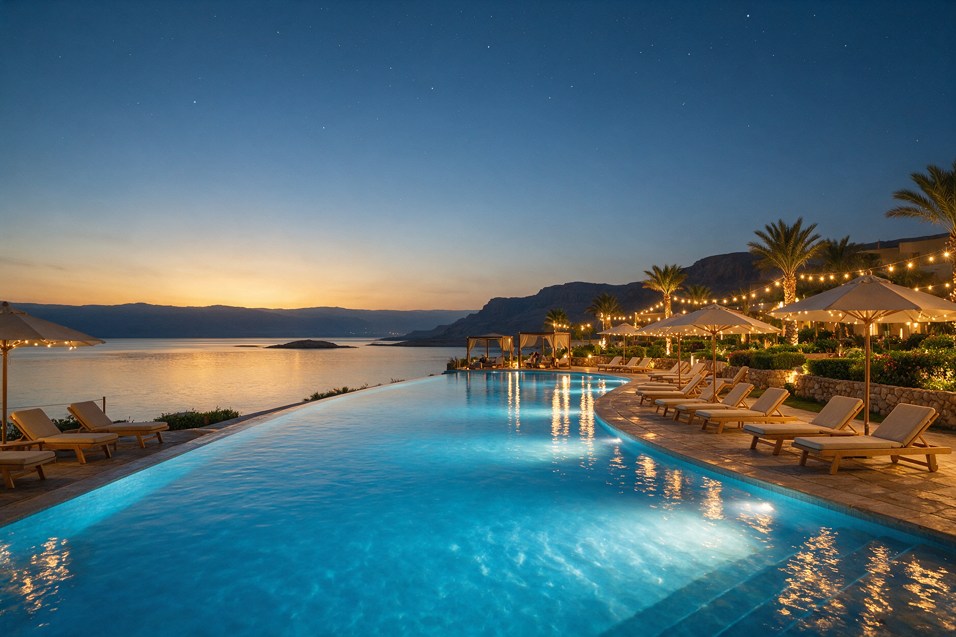 Resort infinity pool glowing turquoise at dusk on the Dead Sea shore in Sweimeh, Jordan, with hills silhouetted across the water