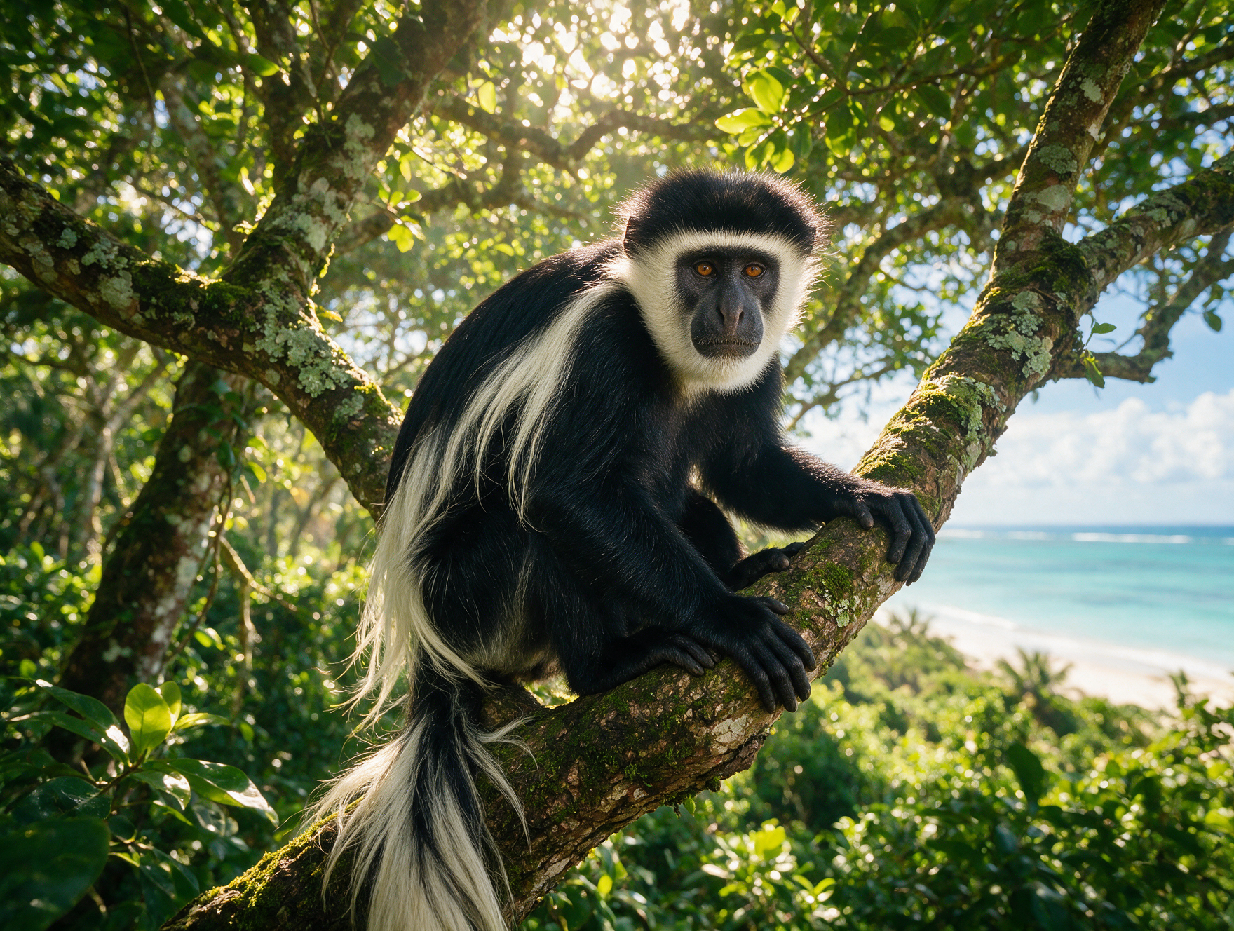 Angola Colobus monkey black white fur flowing tail coastal forest Diani Kenya